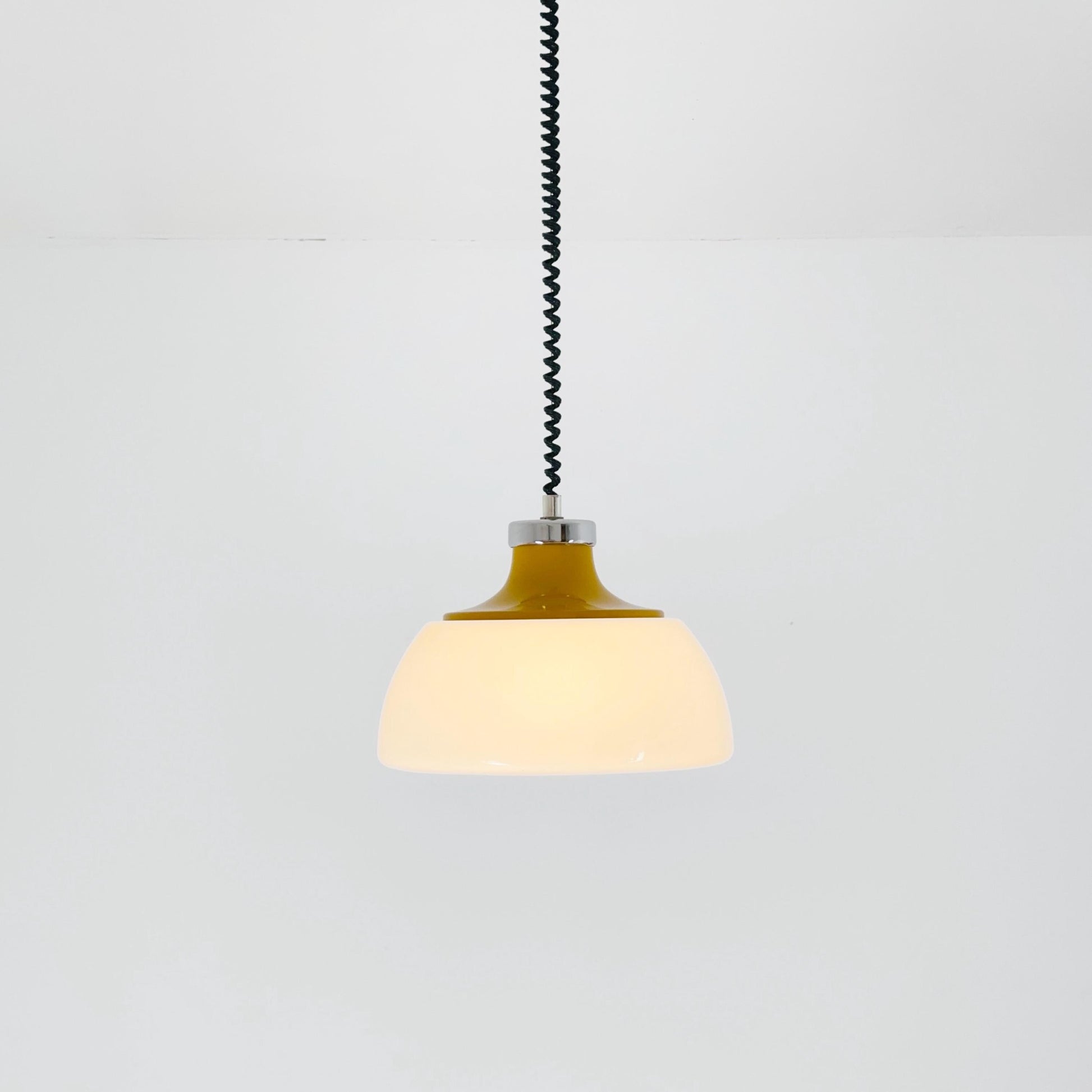 Mid Century Plexiglass Space Age Pendant Lamp with White Acrylic Shade and orange top 1970s