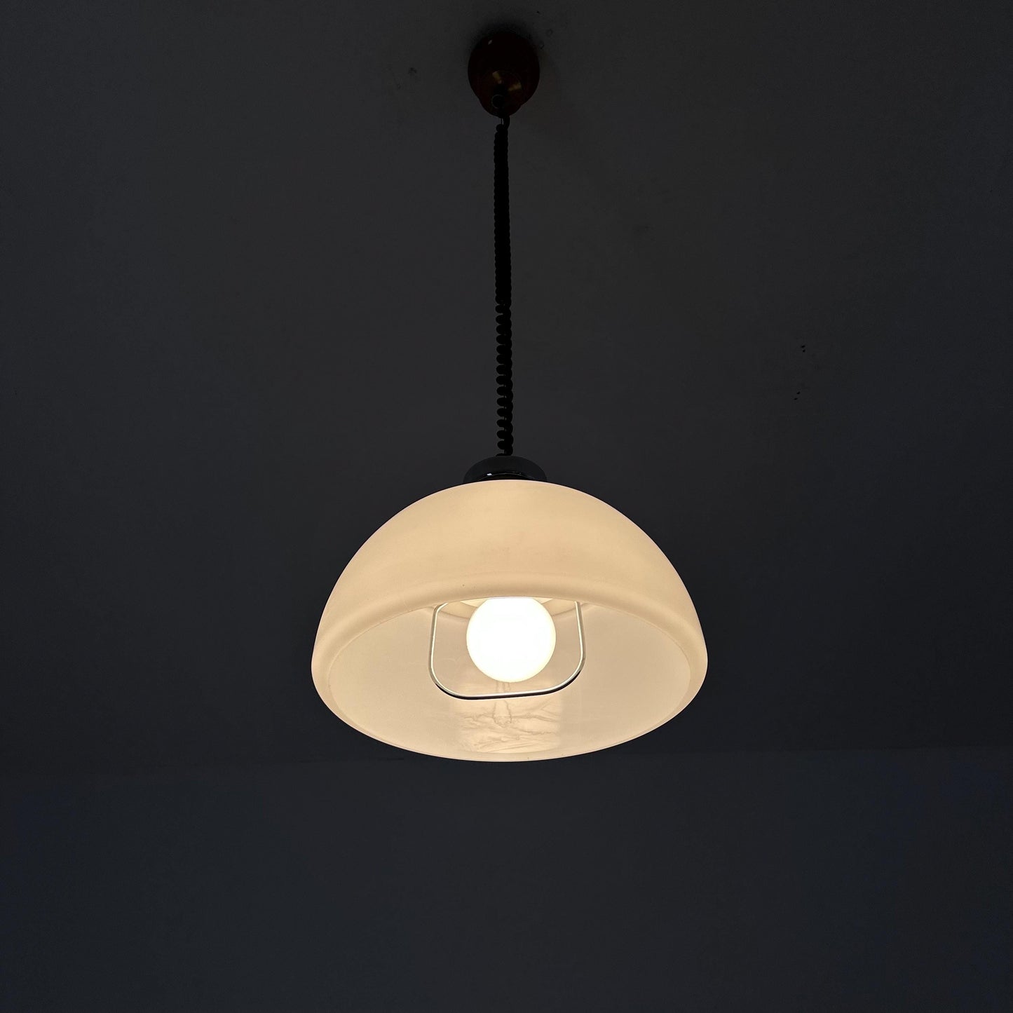 Mid Century Plexiglass Space Age Pendant Lamp with White Acrylic Shade and orange top 1970s