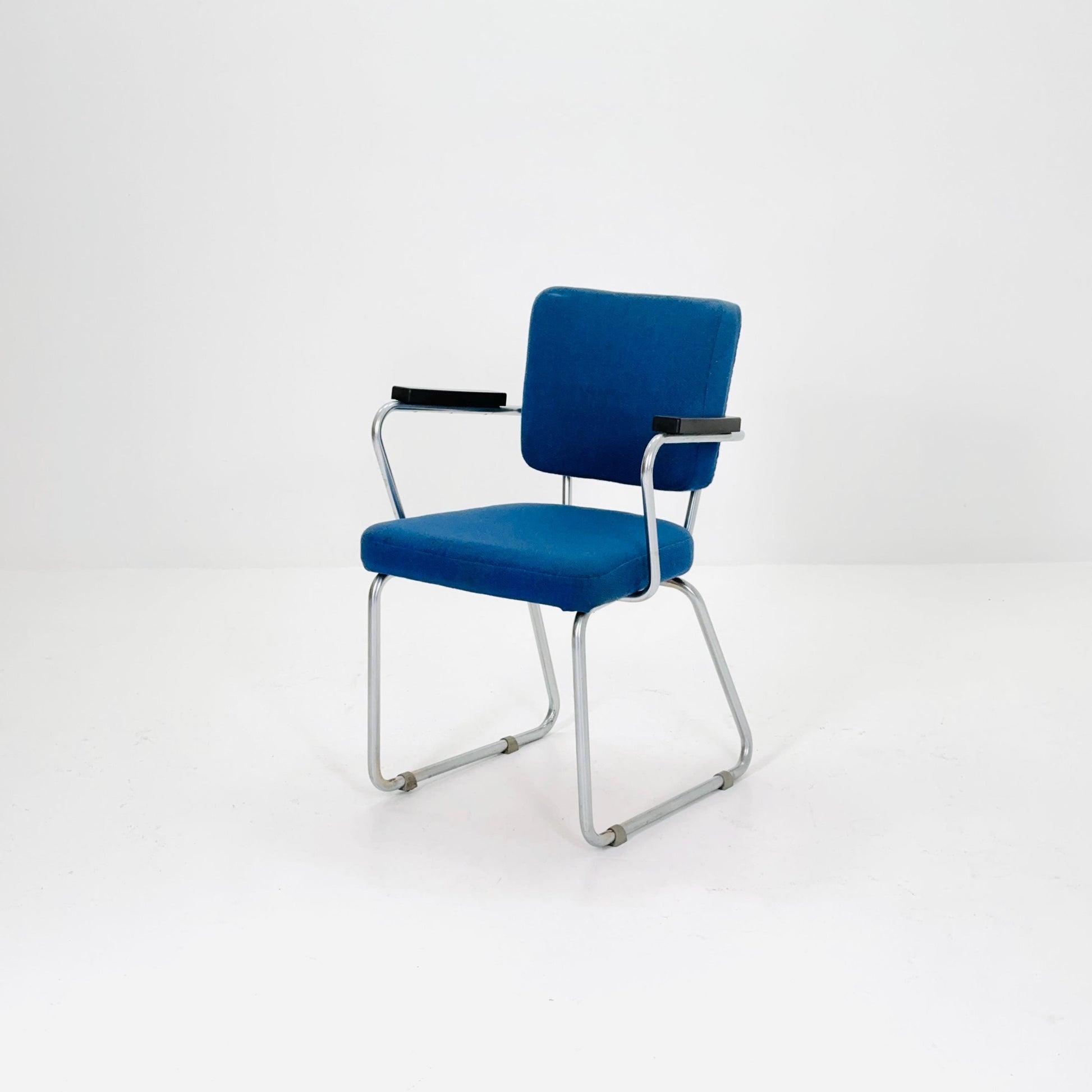 Vintage Gispen Hoffmann Model 352 Armchair – Dutch Mid Century Design, Blue Upholstery, Chrome Frame 1950s