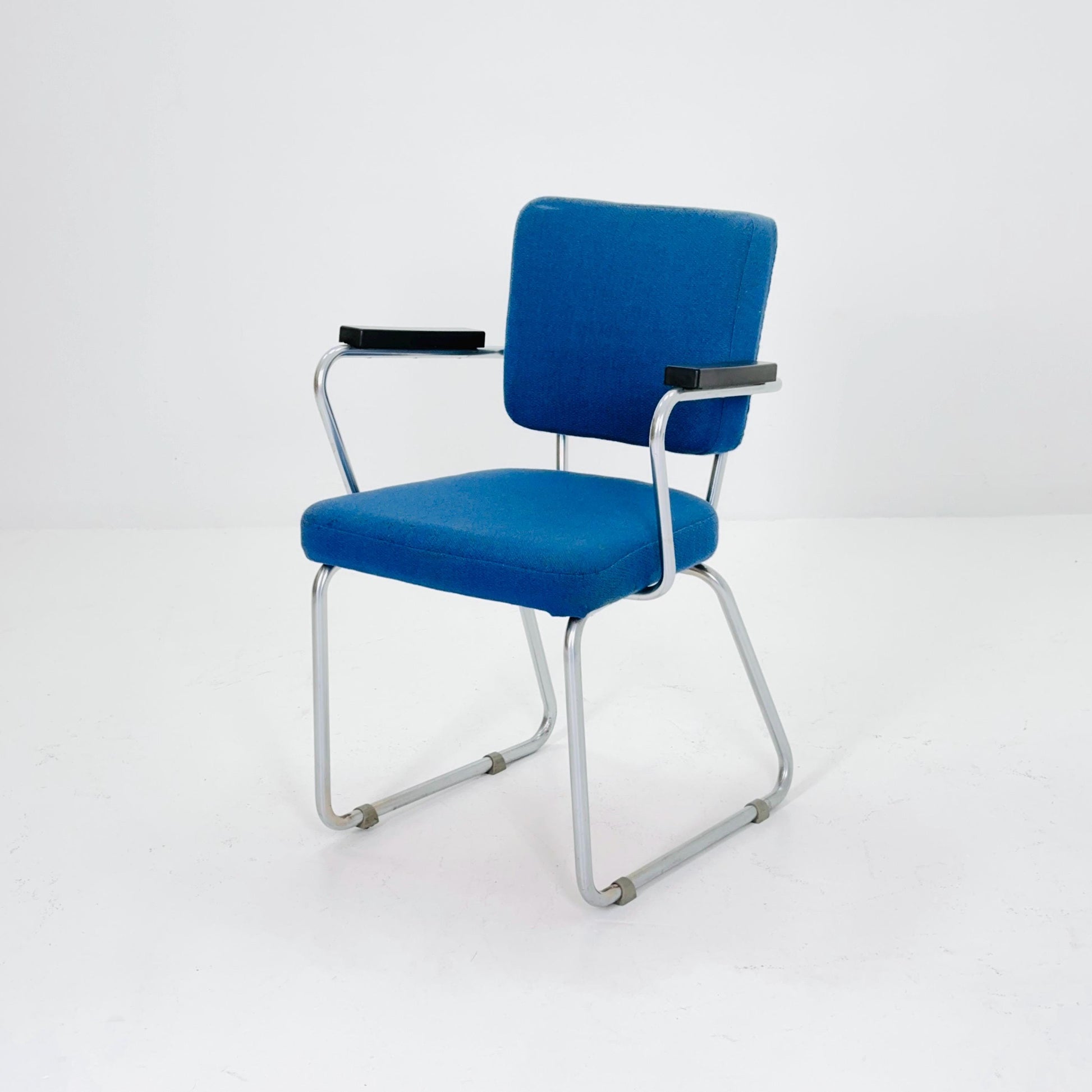 Vintage Gispen Hoffmann Model 352 Armchair – Dutch Mid Century Design, Blue Upholstery, Chrome Frame 1950s
