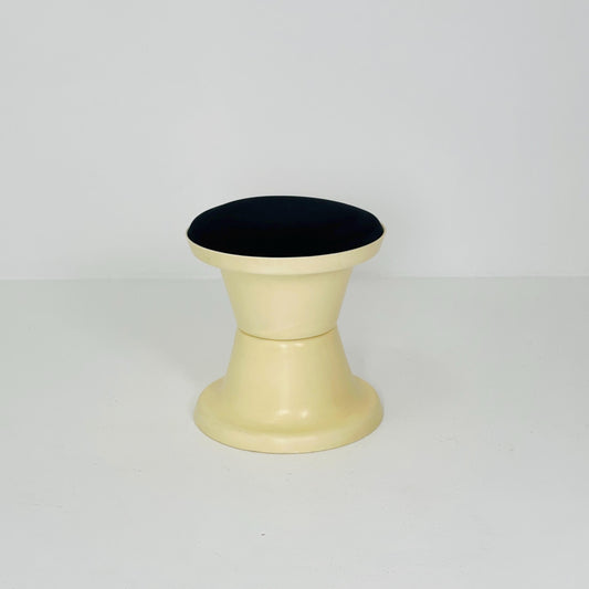 Space Age Plastic Hourglass Stool in Cream with Black Minimalist Accent Seat 1970s