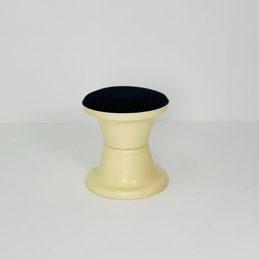 Space Age Plastic Hourglass Stool in Cream with Black Minimalist Accent Seat 1970s