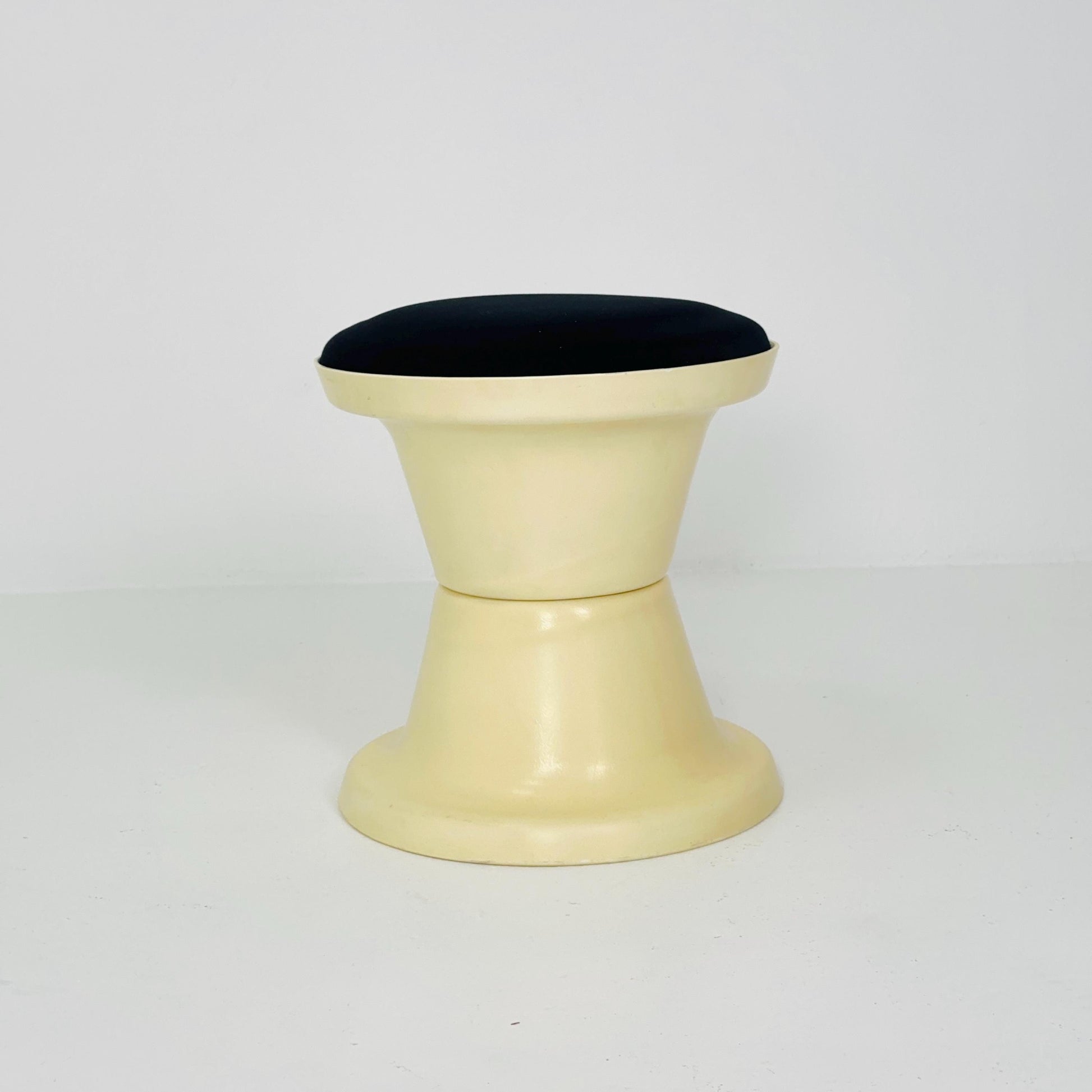Space Age Plastic Hourglass Stool in Cream with Black Minimalist Accent Seat 1970s