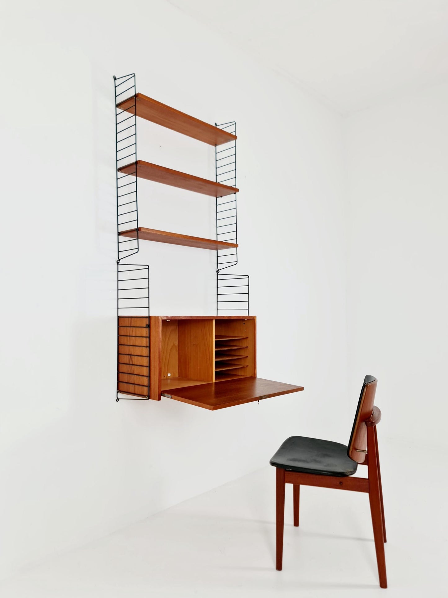 Wall-mounted original Swedish string shelf-system, bookcase teak wood by Nils & Kajsa Strinning, 1960s