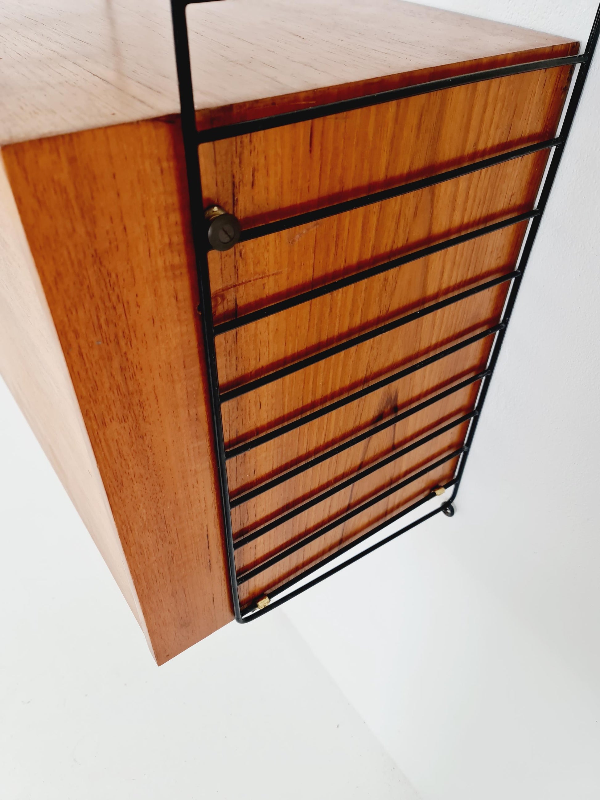 Wall-mounted original Swedish string shelf-system, bookcase teak wood by Nils & Kajsa Strinning, 1960s