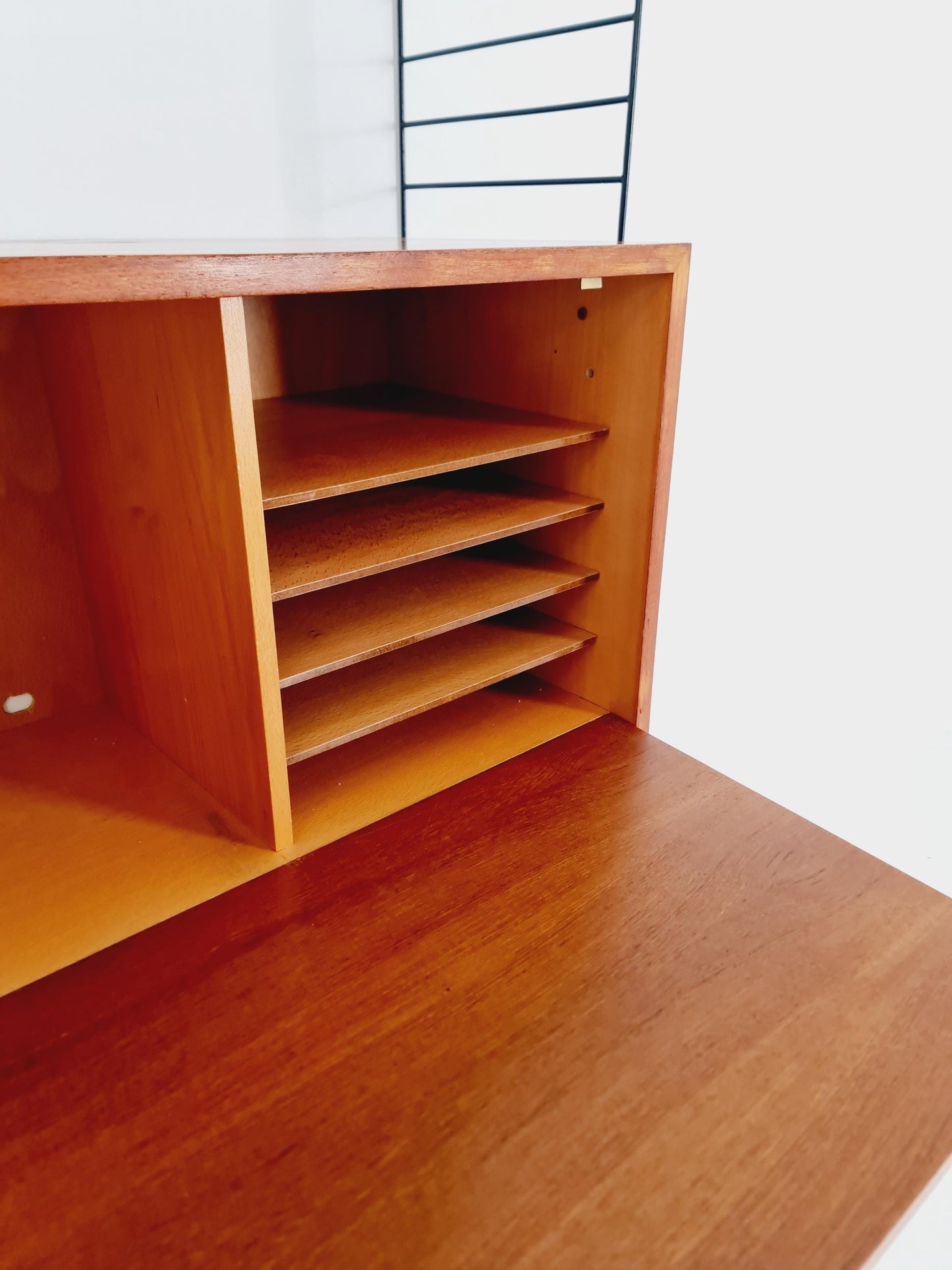 Wall-mounted original Swedish string shelf-system, bookcase teak wood by Nils & Kajsa Strinning, 1960s