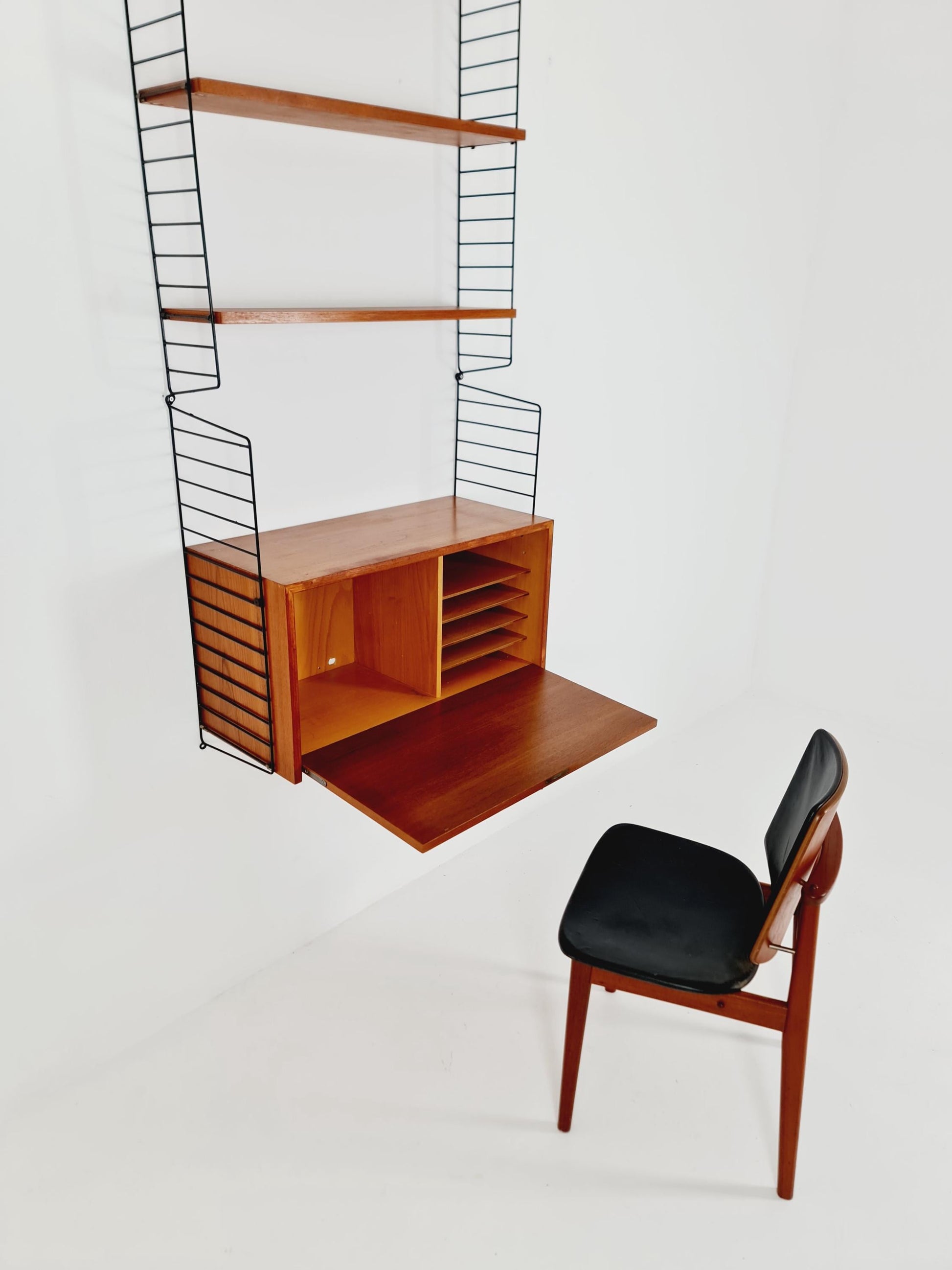 Wall-mounted original Swedish string shelf-system, bookcase teak wood by Nils & Kajsa Strinning, 1960s