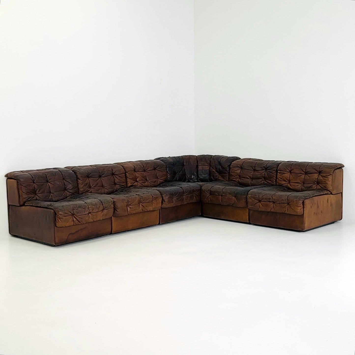 Set of 6 Mid Century DS11 Modular Patchwork Leather Sofa by De Sede, Switzerland, 1970s