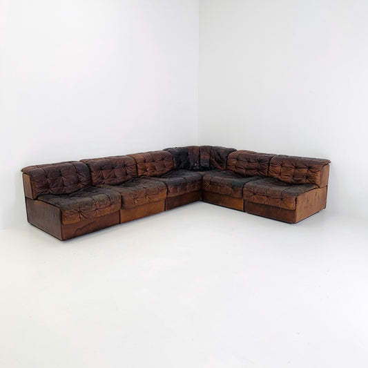 Set of 6 Mid Century DS11 Modular Patchwork Leather Sofa by De Sede, Switzerland, 1970s