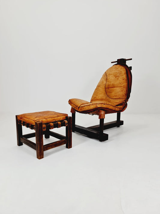 Brutalist Cognac Leather Brazilian Chair and Ottoman 1960s