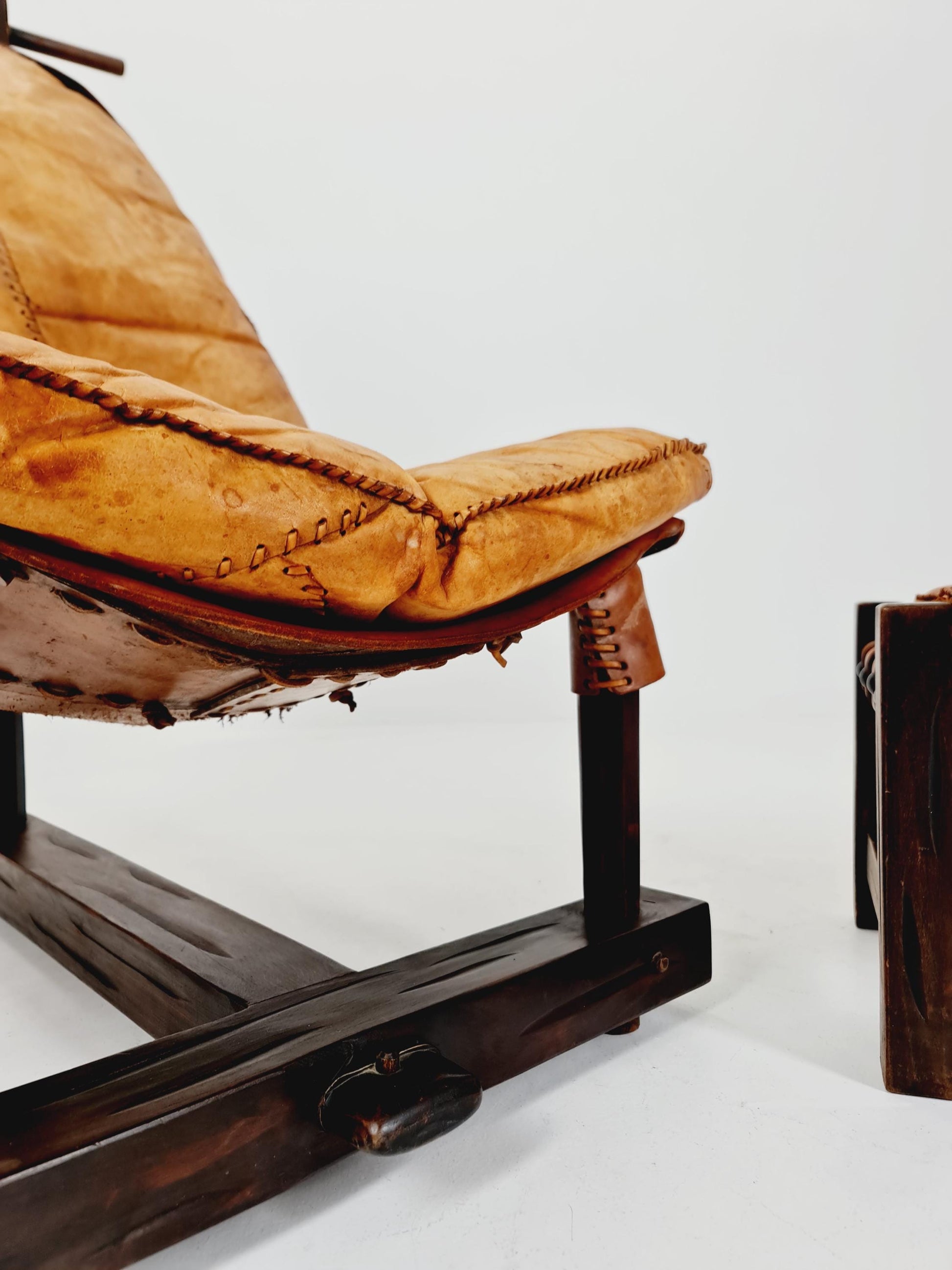 Brutalist Cognac Leather Brazilian Chair and Ottoman 1960s