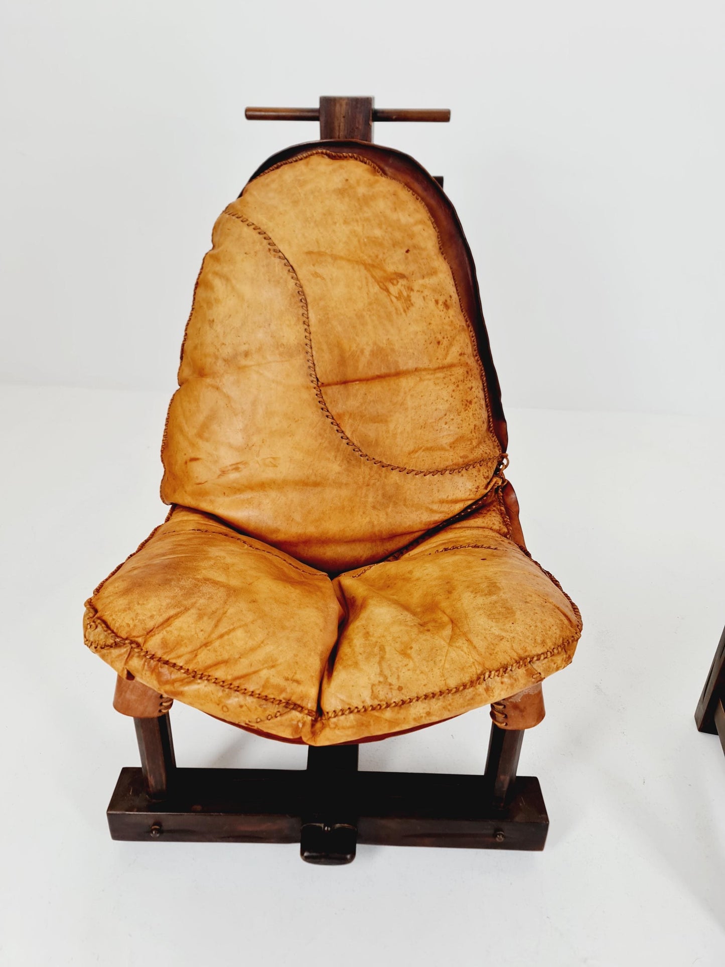 Brutalist Cognac Leather Brazilian Chair and Ottoman 1960s