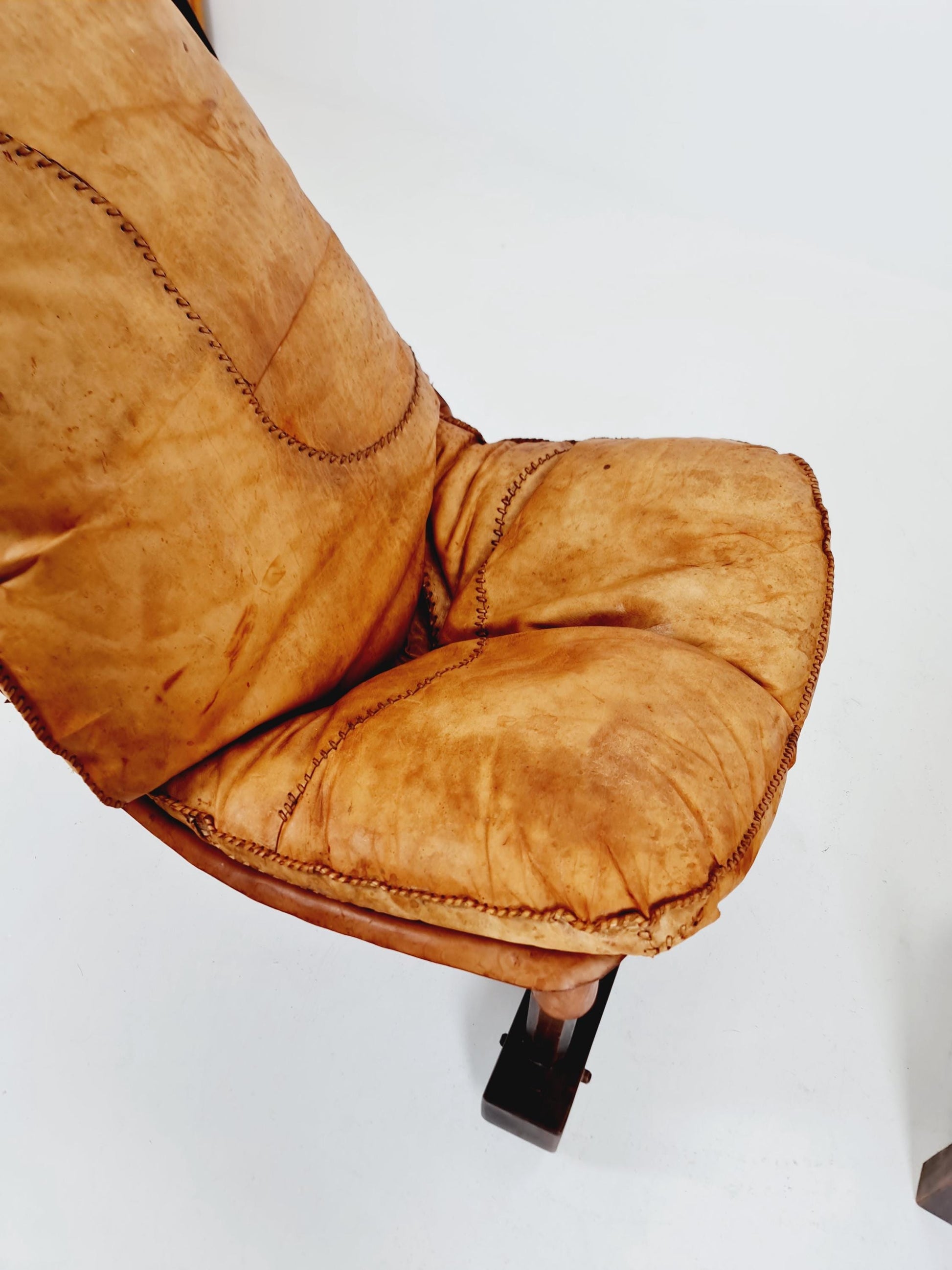 Brutalist Cognac Leather Brazilian Chair and Ottoman 1960s