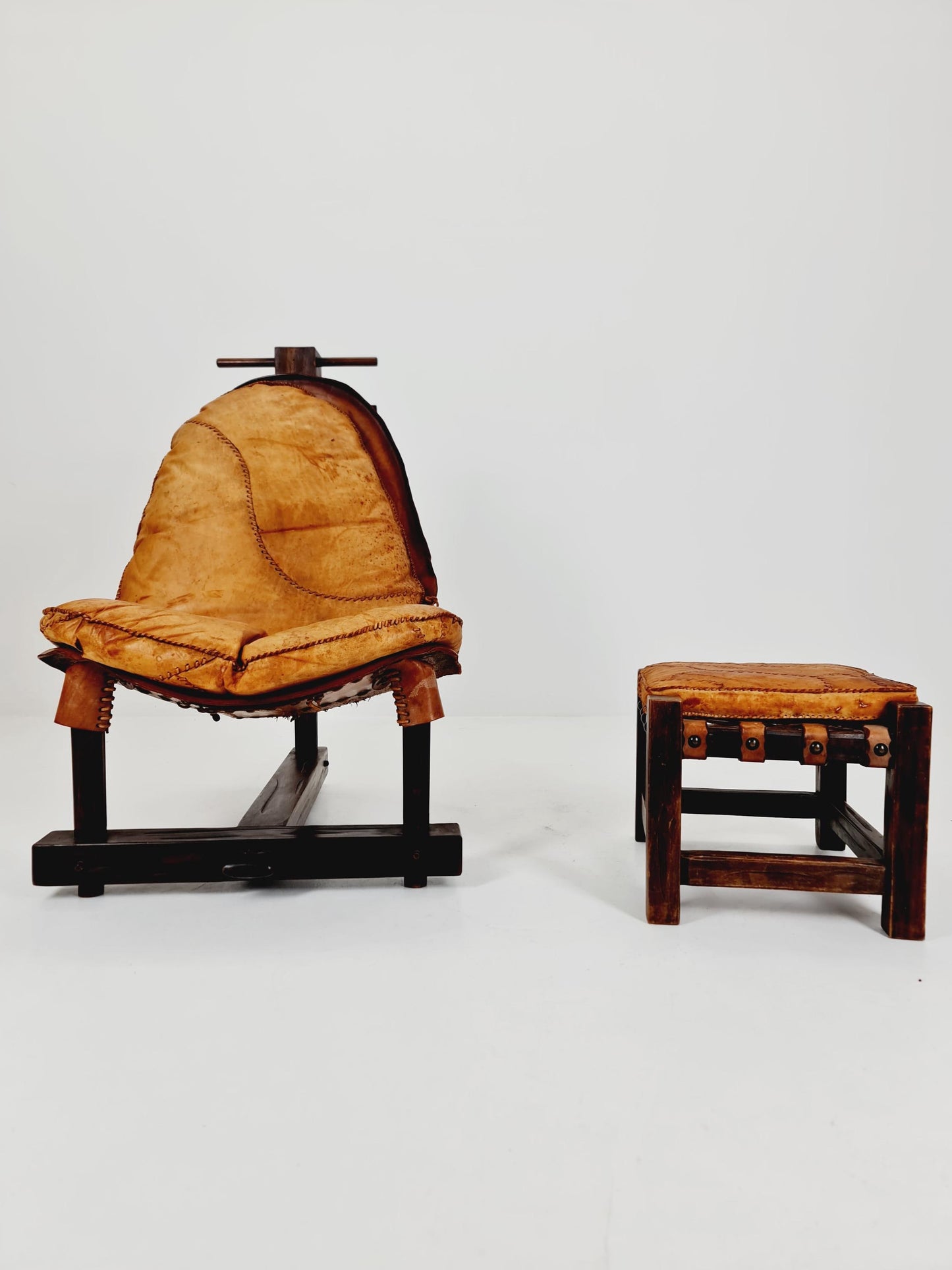 Brutalist Cognac Leather Brazilian Chair and Ottoman 1960s