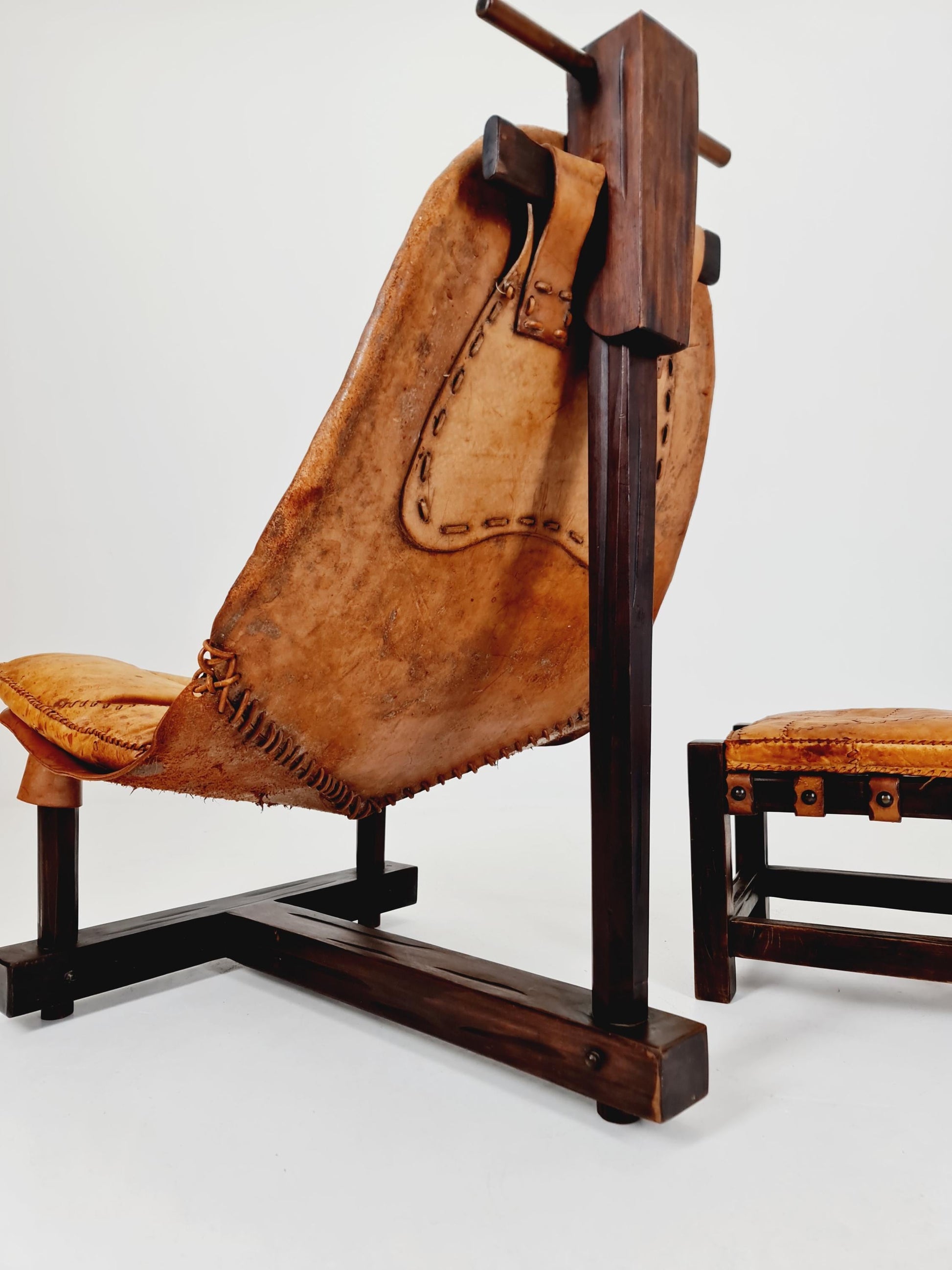 Brutalist Cognac Leather Brazilian Chair and Ottoman 1960s