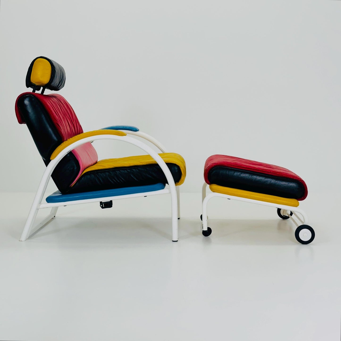 Mid Century Postmodern Memphis Style Leather Reclining Lounge Chair & Ottoman by Ettore Sottsass, Italy 1980s