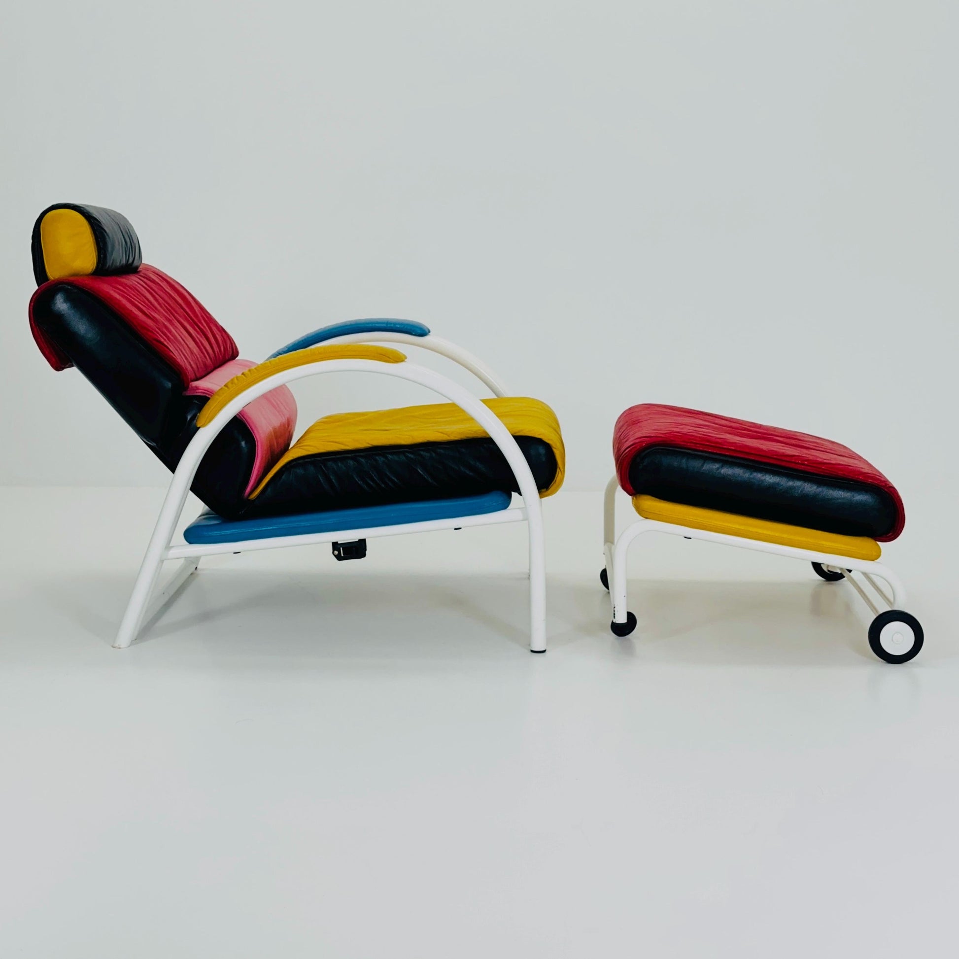 Mid Century Postmodern Memphis Style Leather Reclining Lounge Chair & Ottoman by Ettore Sottsass, Italy 1980s