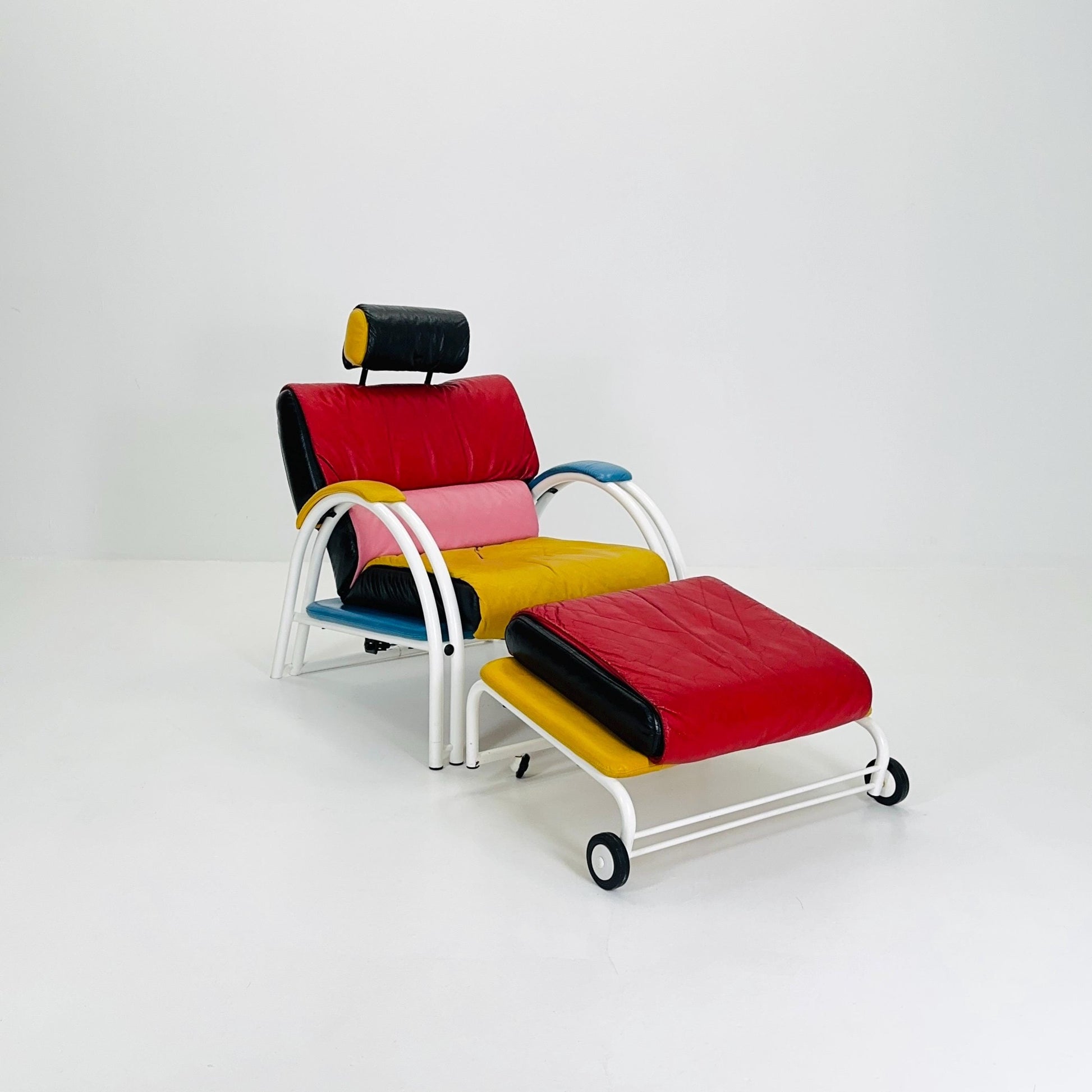 Mid Century Postmodern Memphis Style Leather Reclining Lounge Chair & Ottoman by Ettore Sottsass, Italy 1980s