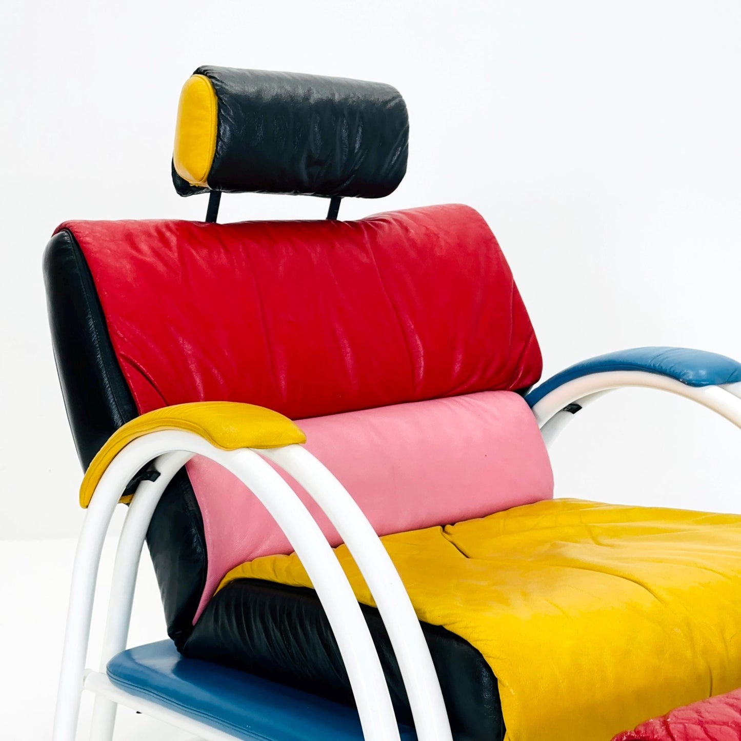 Mid Century Postmodern Memphis Style Leather Reclining Lounge Chair & Ottoman by Ettore Sottsass, Italy 1980s
