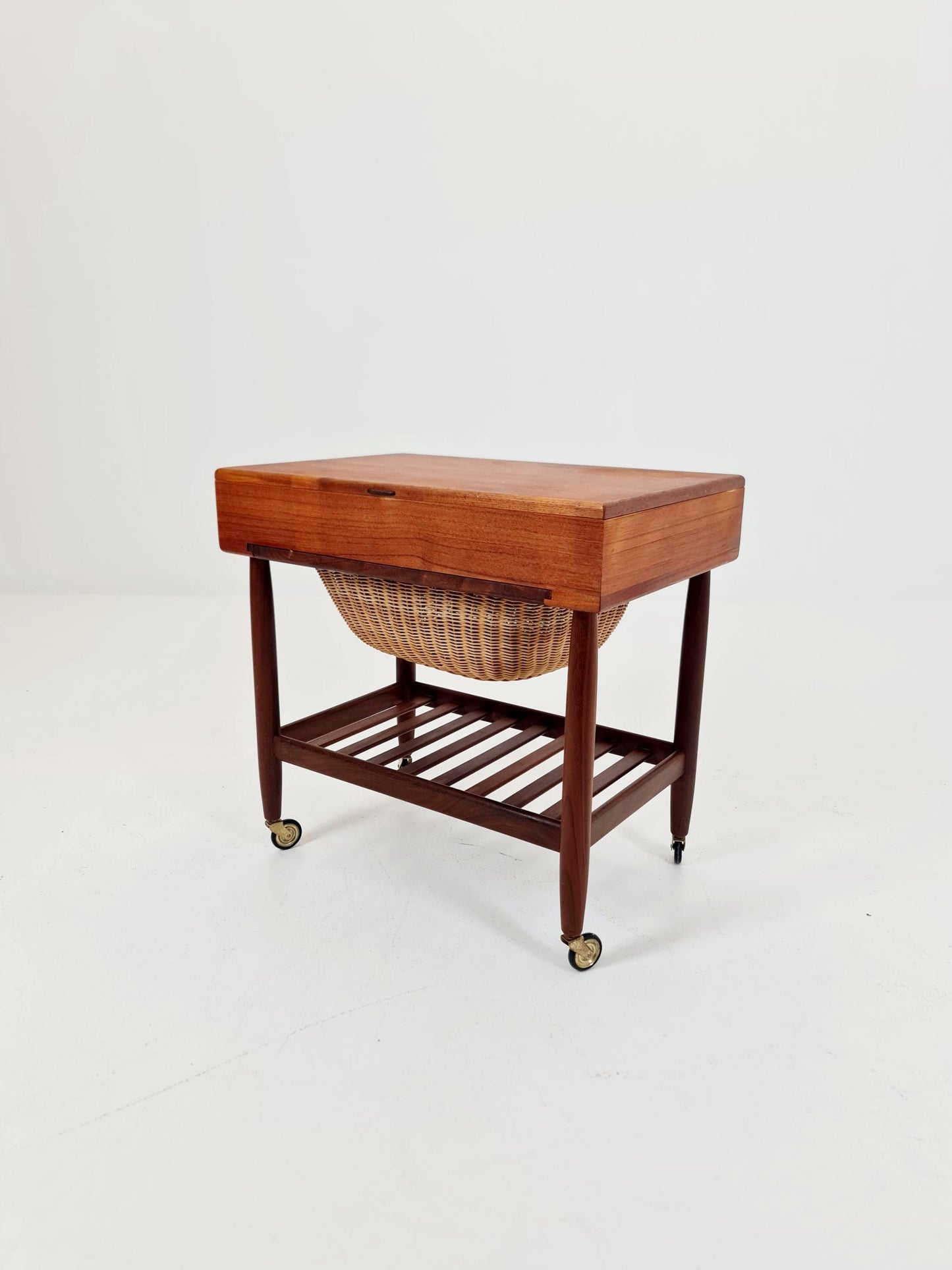 Vintage Danish teak and rattan sewing table/ side table cabinet By Ejvid A.johansson for Uitze , 1960s