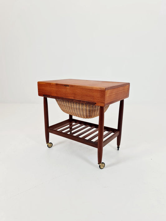 Vintage Danish teak and rattan sewing table/ side table cabinet By Ejvid A.johansson for Uitze , 1960s
