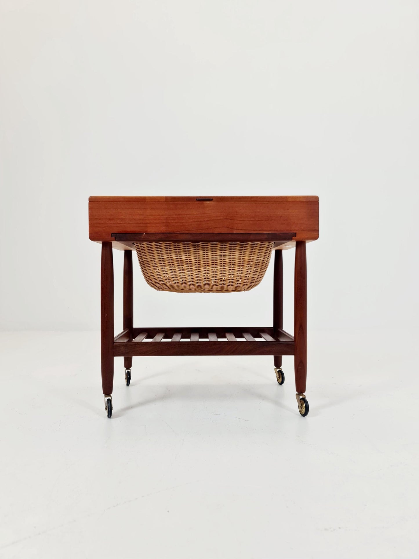 Vintage Danish teak and rattan sewing table/ side table cabinet By Ejvid A.johansson for Uitze , 1960s
