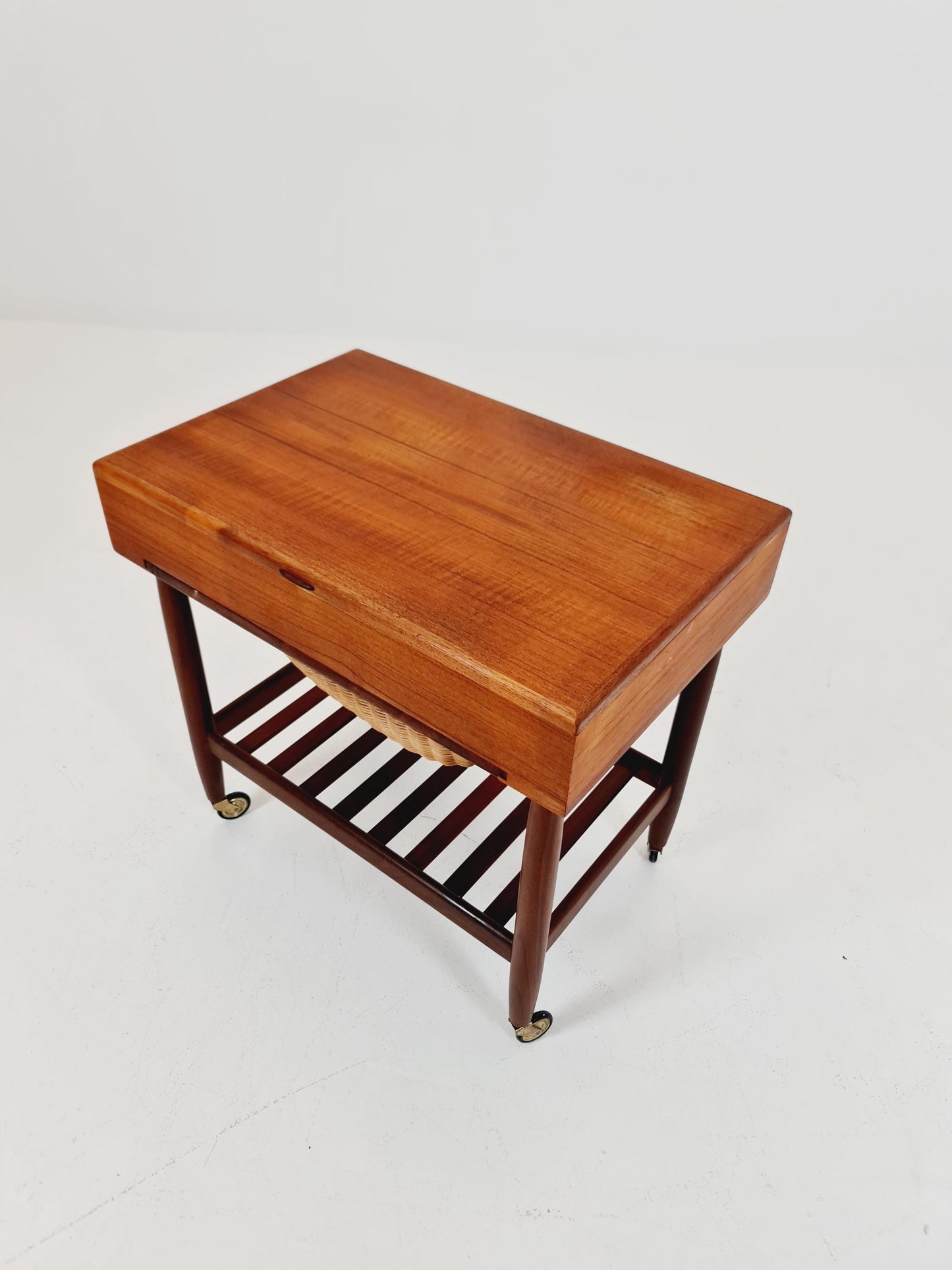 Vintage Danish teak and rattan sewing table/ side table cabinet By Ejvid A.johansson for Uitze , 1960s