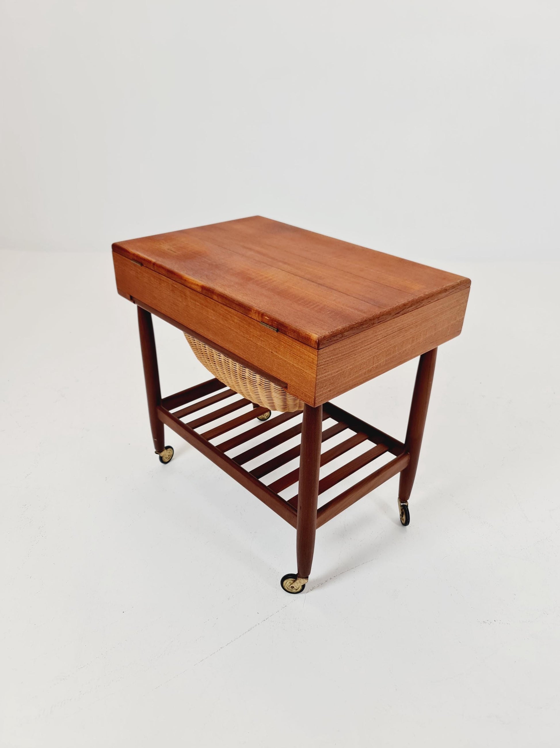 Vintage Danish teak and rattan sewing table/ side table cabinet By Ejvid A.johansson for Uitze , 1960s
