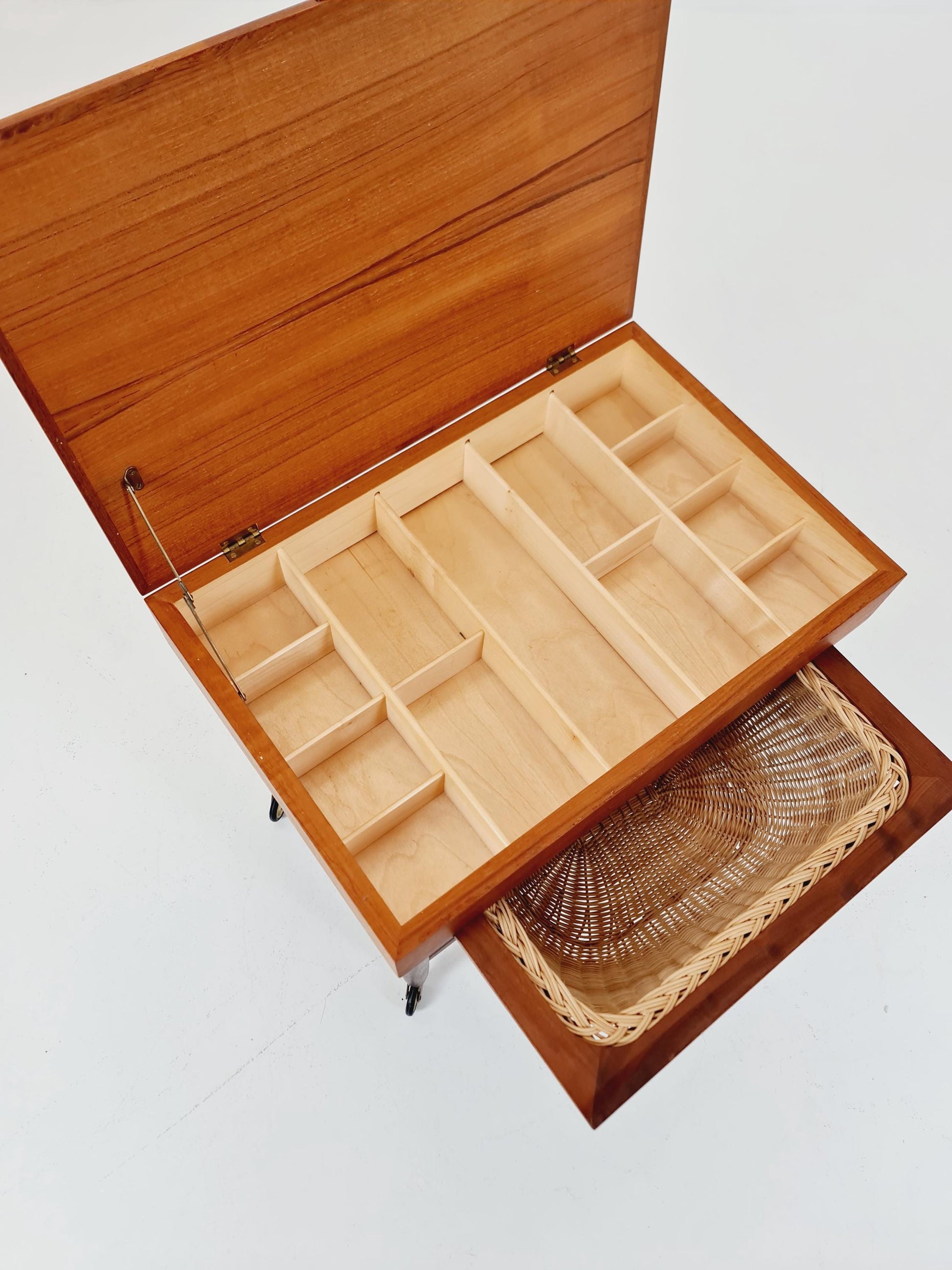 Vintage Danish teak and rattan sewing table/ side table cabinet By Ejvid A.johansson for Uitze , 1960s