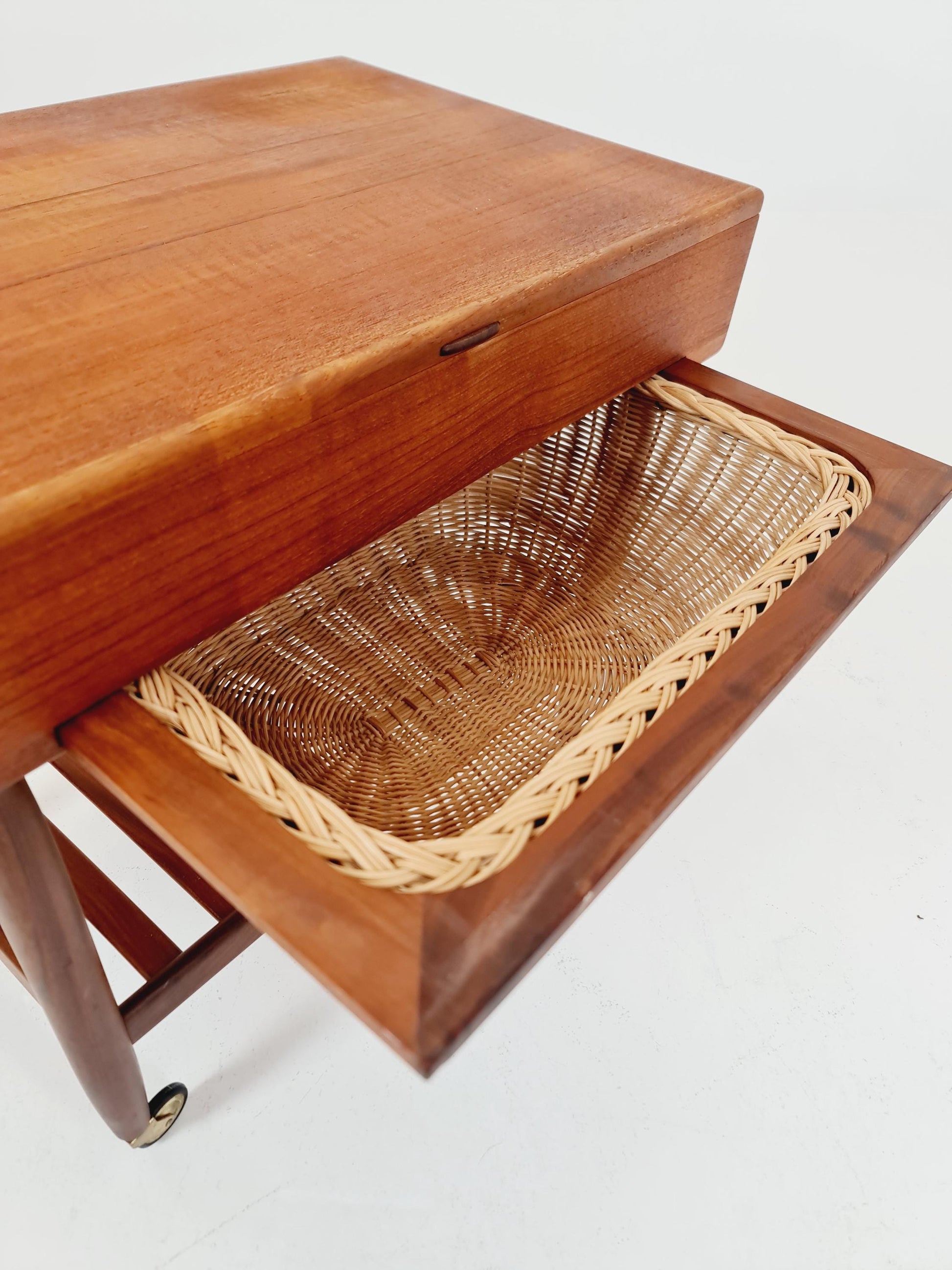 Vintage Danish teak and rattan sewing table/ side table cabinet By Ejvid A.johansson for Uitze , 1960s