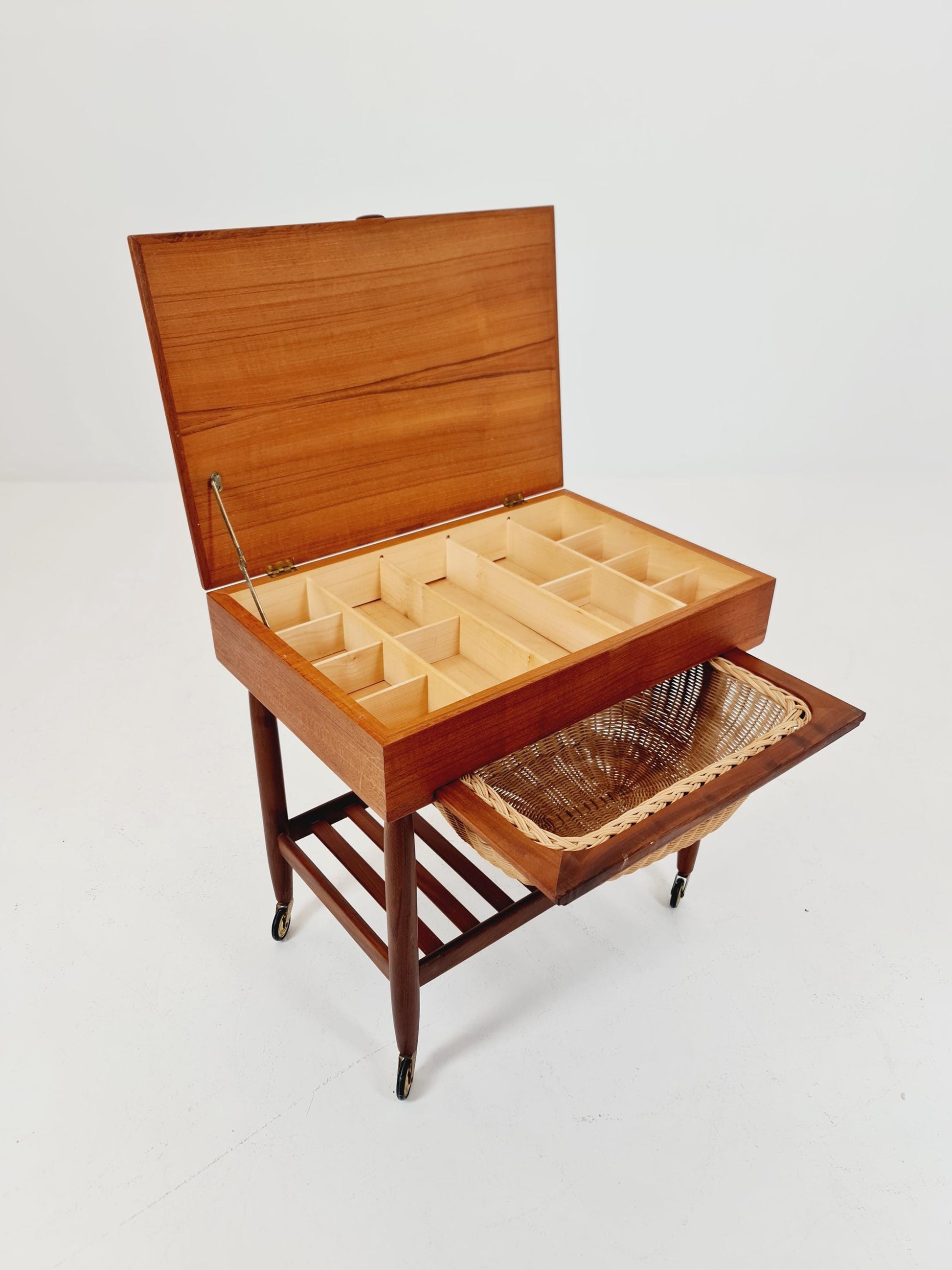 Vintage Danish teak and rattan sewing table/ side table cabinet By Ejvid A.johansson for Uitze , 1960s