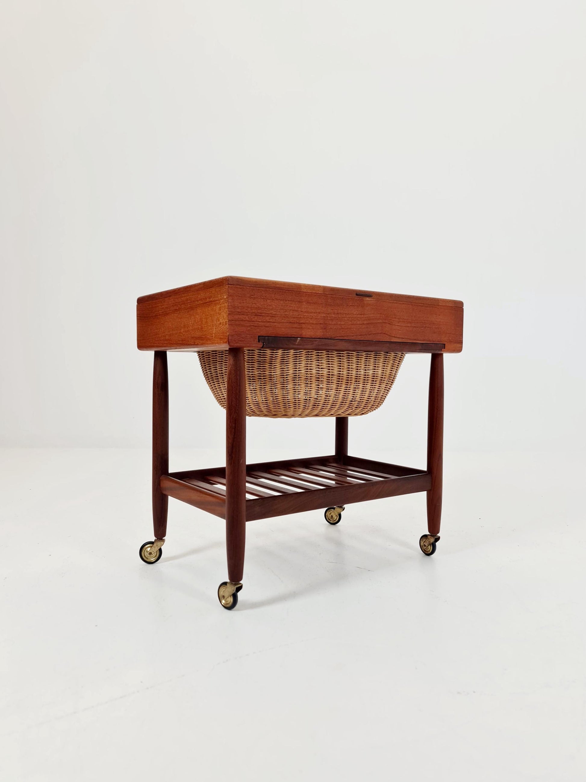 Vintage Danish teak and rattan sewing table/ side table cabinet By Ejvid A.johansson for Uitze , 1960s