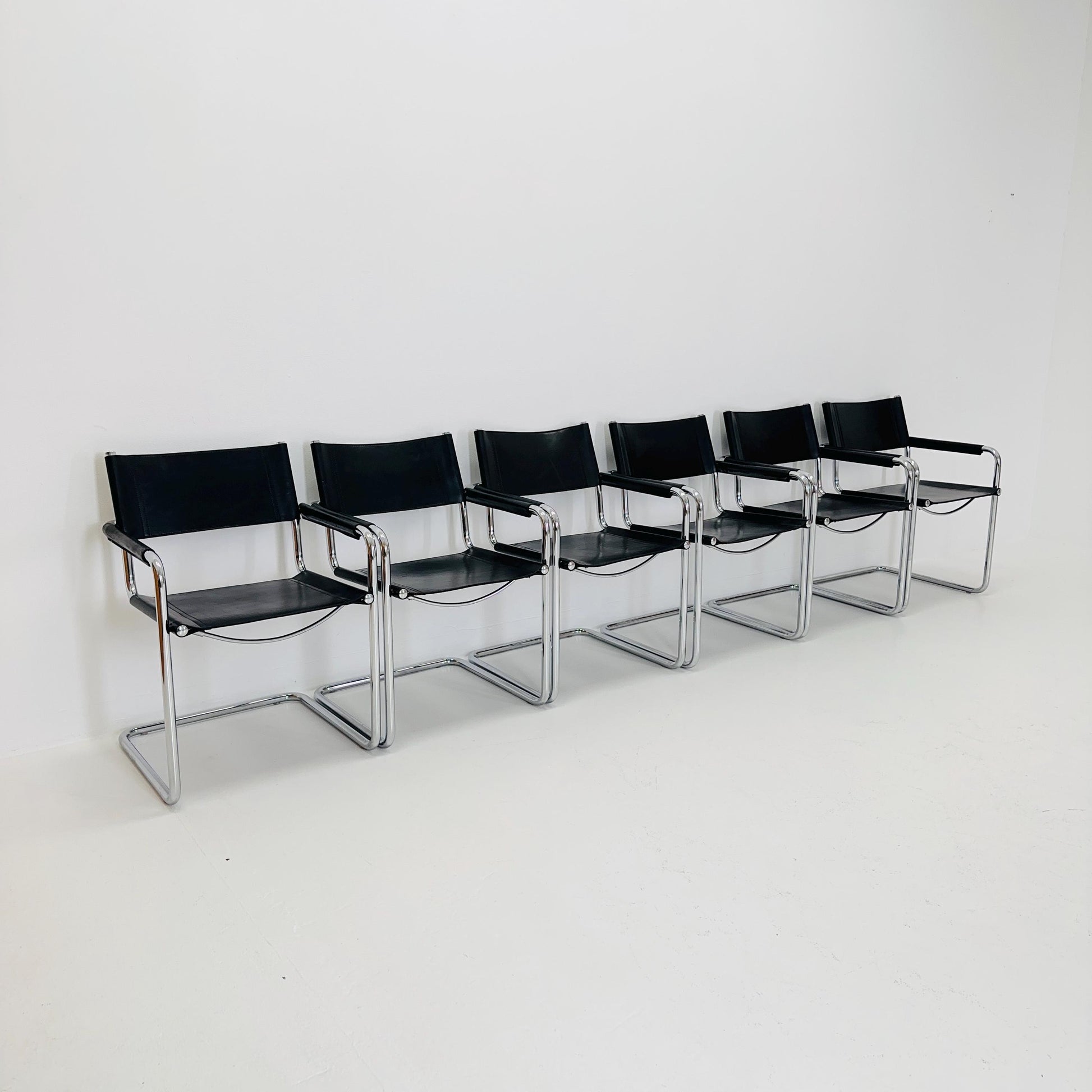 Set of 6 Mid century B34 Matteo Grassi Mg5 black leather cantilever chairs by Mart Stam italy 1980s
