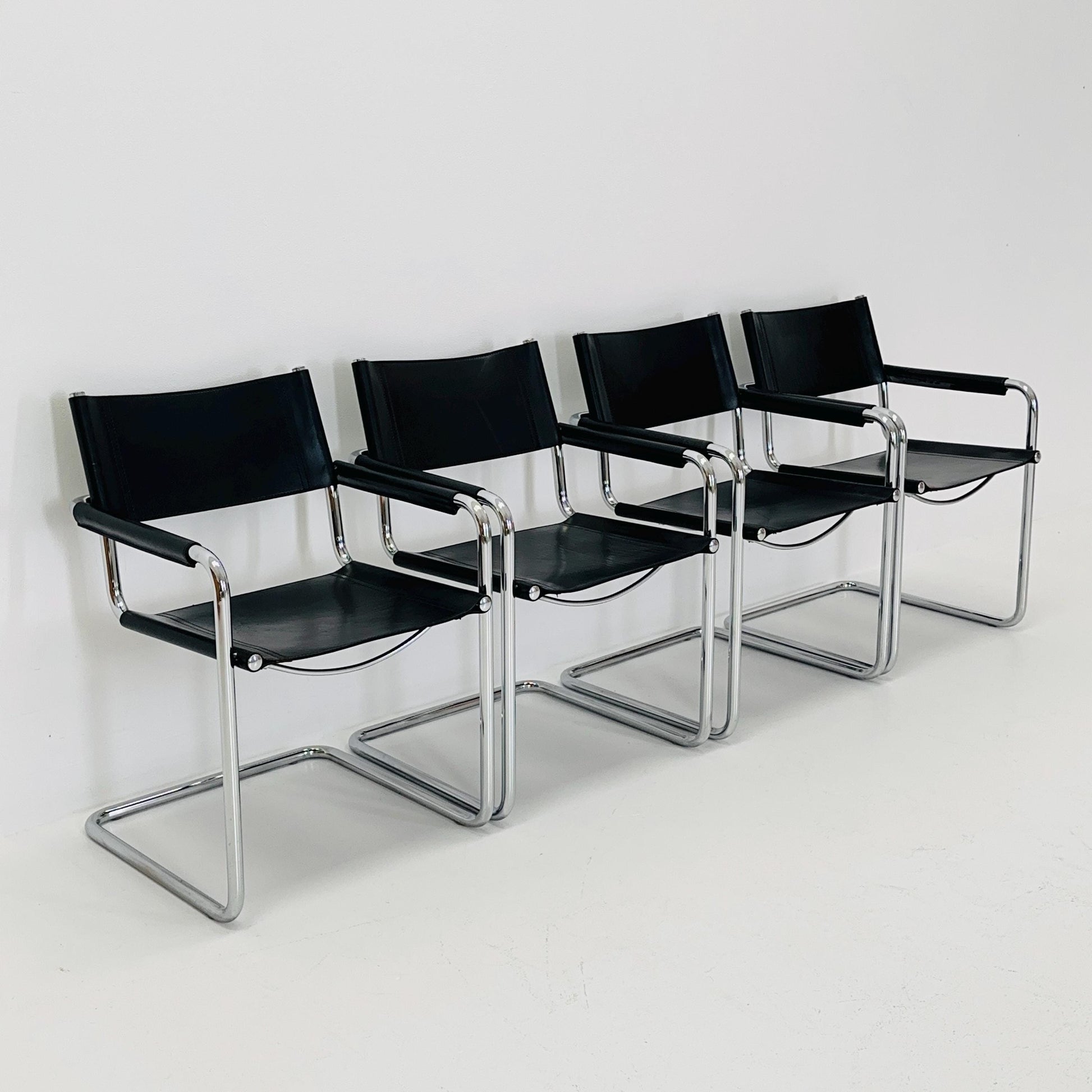 Set of 4 Mid century B34 Matteo Grassi Mg5 black leather cantilever chairs by Mart Stam italy 1980s