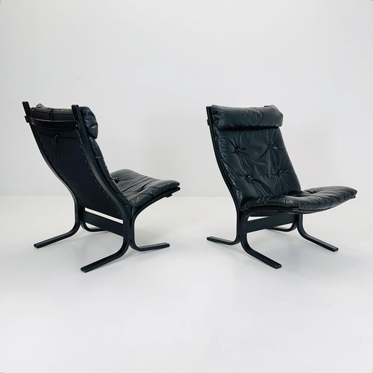 Set of 2 Mid Century “Siesta” lounge chair by Ingmar Relling, Westnofa Furniture, Norway — Full Black Edition, Leather & Wooden Frame, 1960s