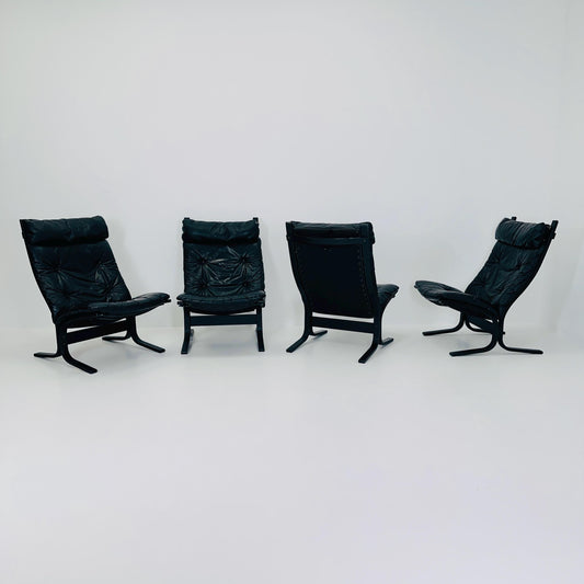 Set of 4 Mid Century “Siesta” lounge chair by Ingmar Relling, Westnofa Furniture, Norway — Full Black Edition, Leather & Wooden Frame, 1960s