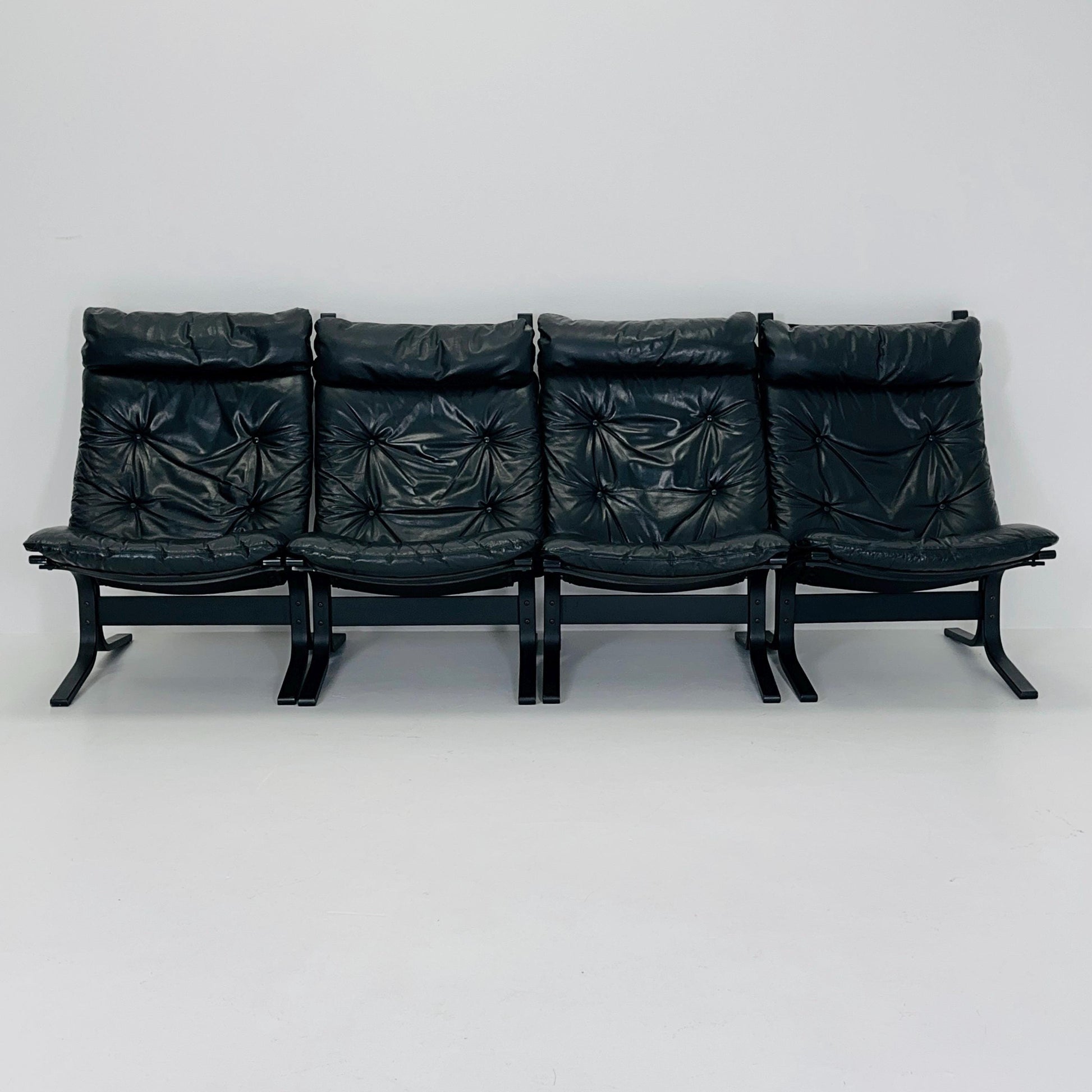 Set of 4 Mid Century “Siesta” lounge chair by Ingmar Relling, Westnofa Furniture, Norway — Full Black Edition, Leather & Wooden Frame, 1960s