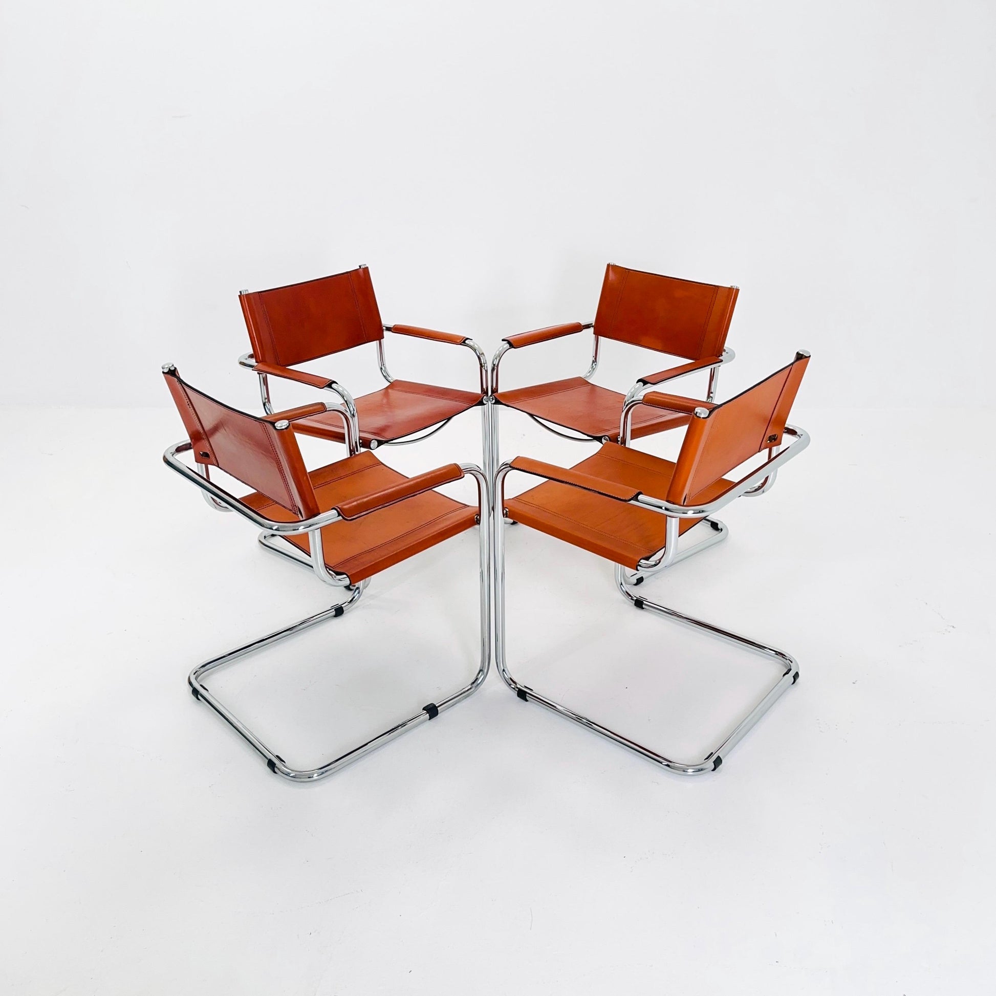 Set of 4 Mid century Model S34 Cognac Leather armchairs by Mart Stam & Marcel Breuer 1980s Italy