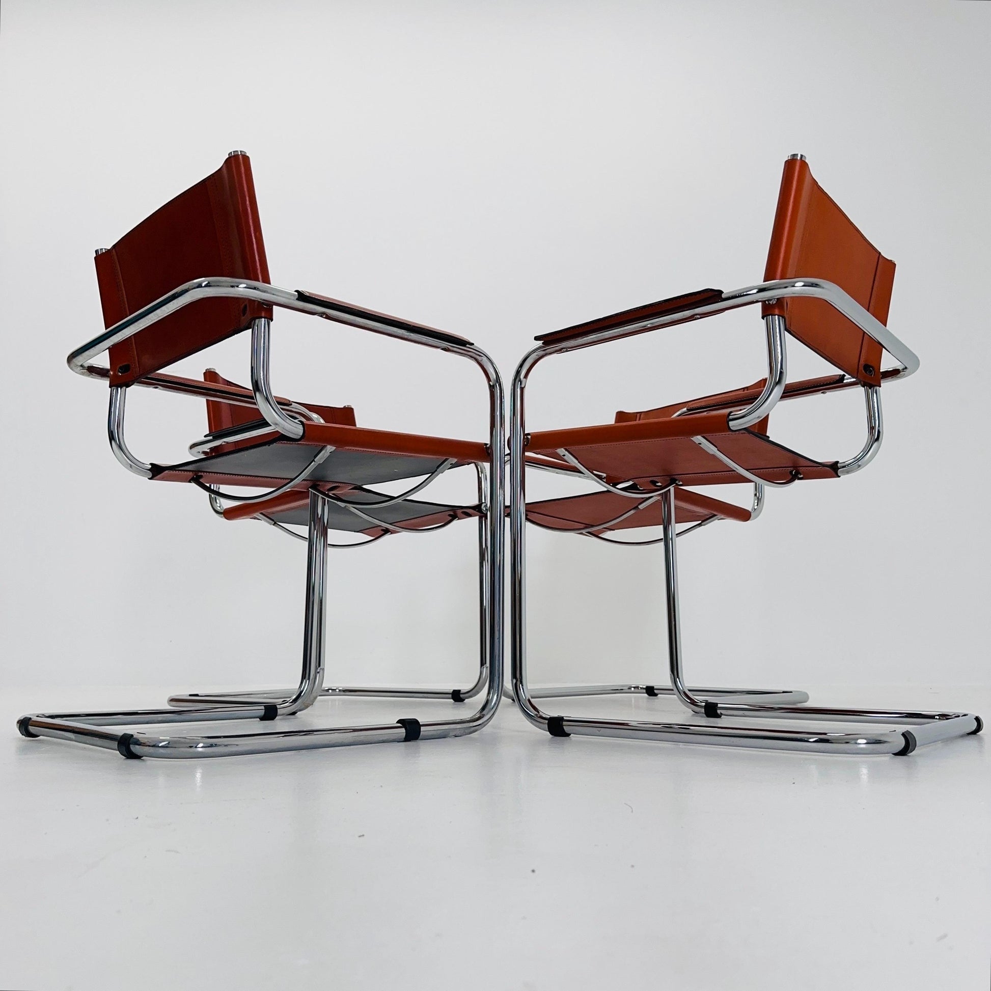 Set of 4 Mid century Model S34 Cognac Leather armchairs by Mart Stam & Marcel Breuer 1980s Italy
