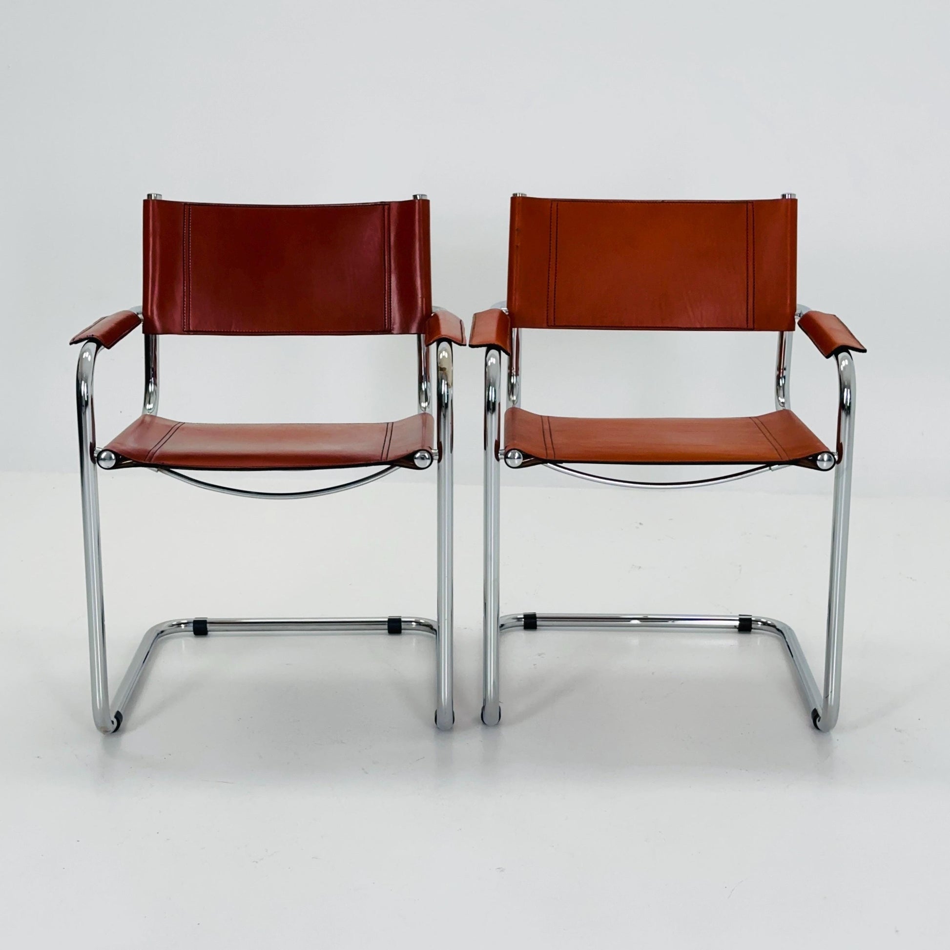 Set of 2 Mid century Model S34 Cognac Leather armchairs by Mart Stam & Marcel Breuer 1980s Italy