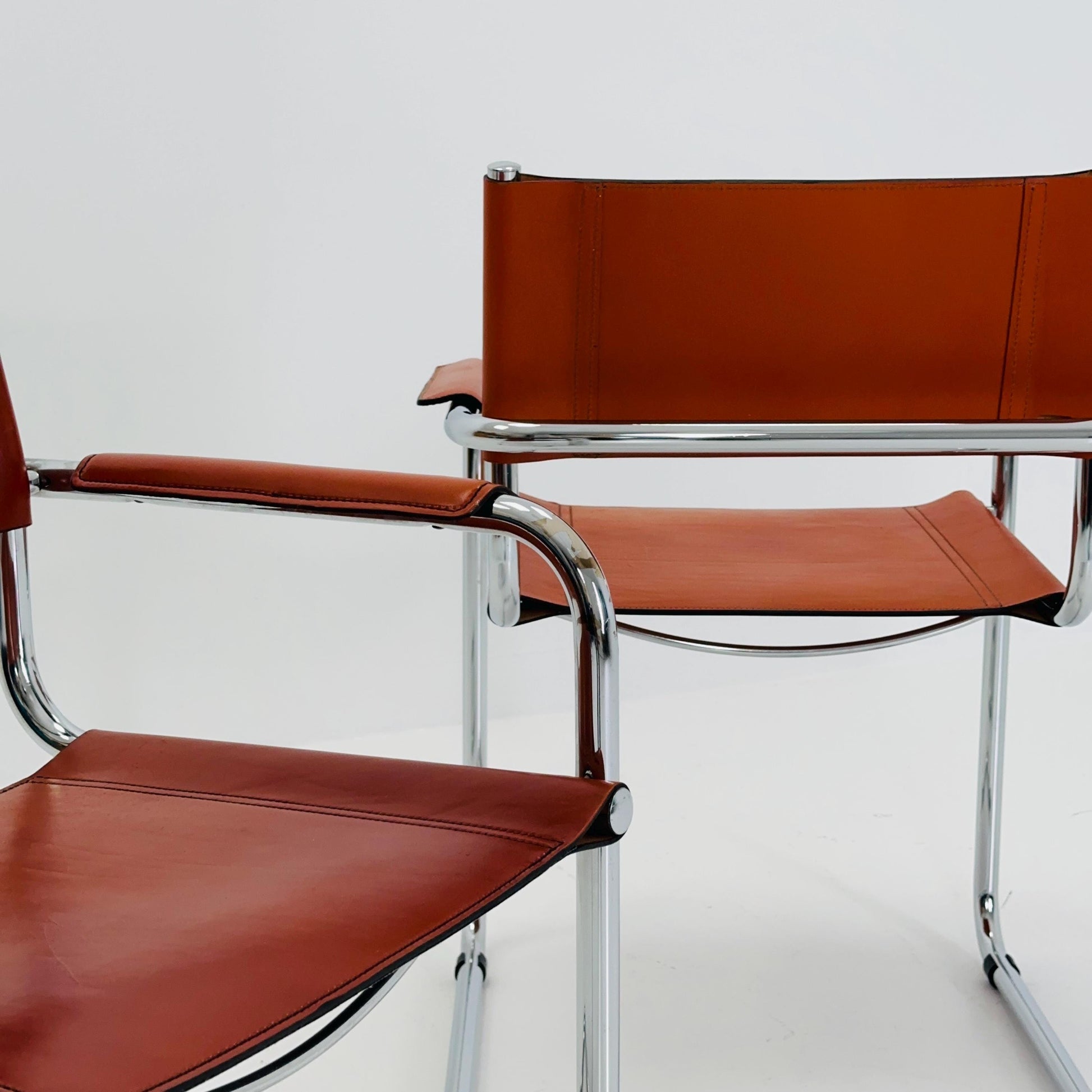 Set of 2 Mid century Model S34 Cognac Leather armchairs by Mart Stam & Marcel Breuer 1980s Italy