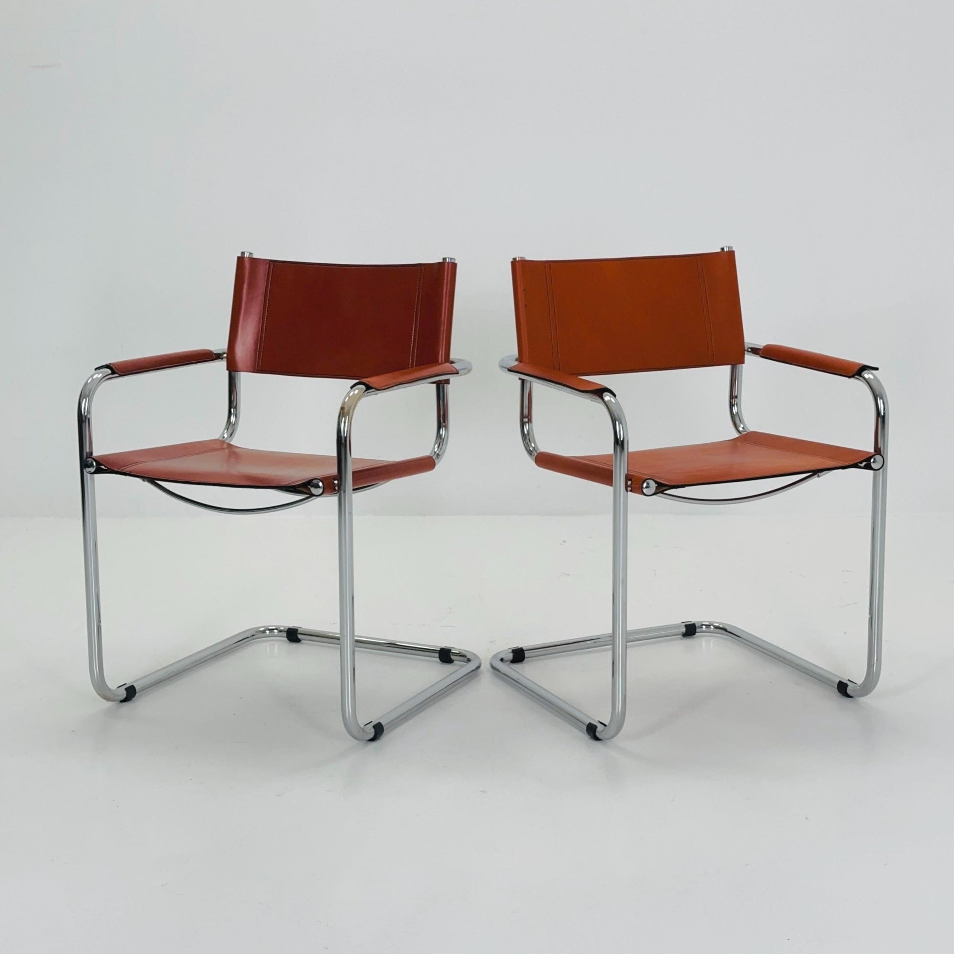 Set of 2 Mid century Model S34 Cognac Leather armchairs by Mart Stam & Marcel Breuer 1980s Italy