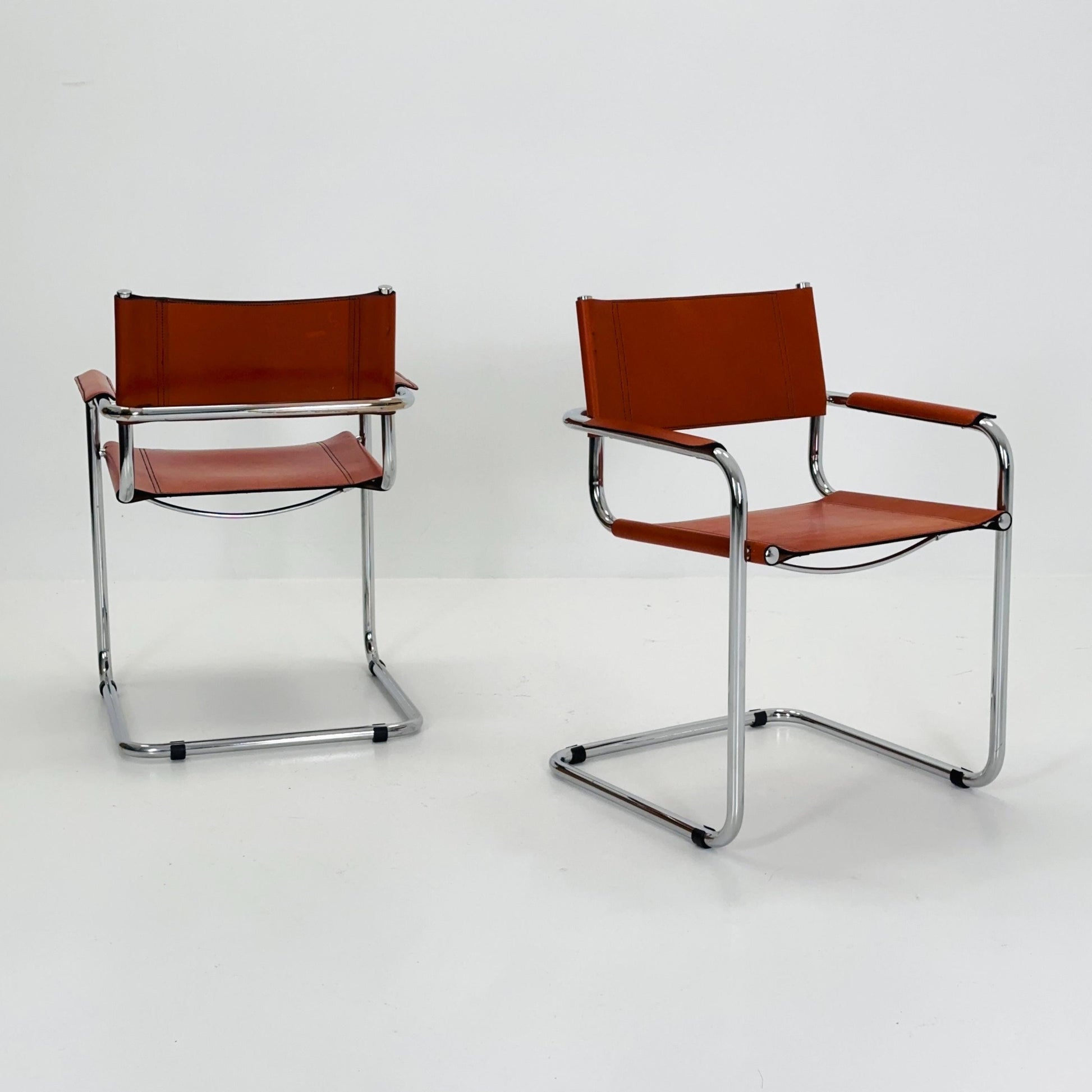 Set of 2 Mid century Model S34 Cognac Leather armchairs by Mart Stam & Marcel Breuer 1980s Italy