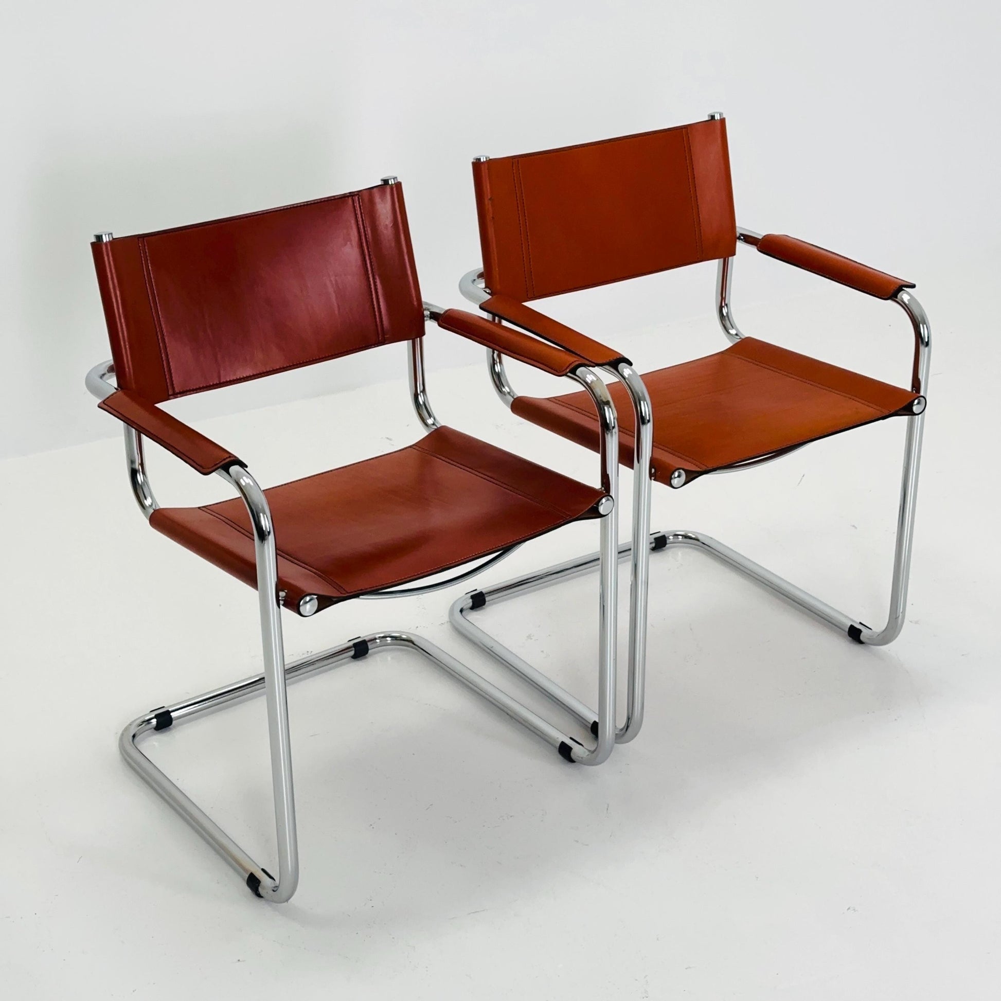Set of 2 Mid century Model S34 Cognac Leather armchairs by Mart Stam & Marcel Breuer 1980s Italy