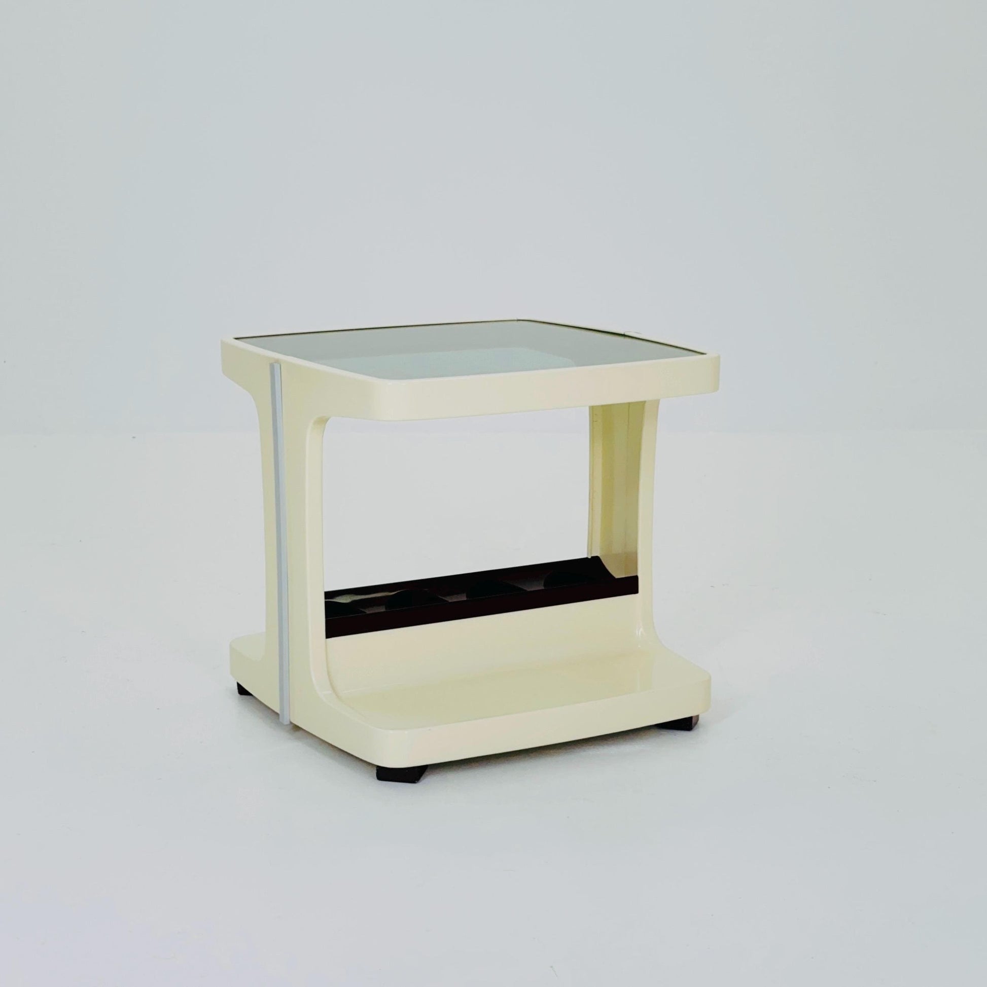 Space age mid century White & Brown Plastic Bar -Side Table by Marc Held, with Smoked Glass Top 1970s