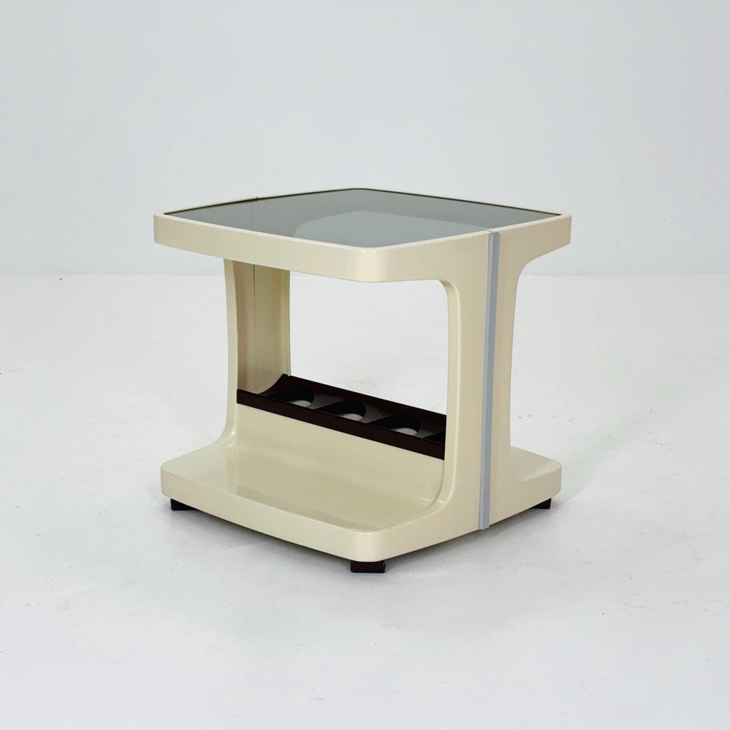 Space age mid century White & Brown Plastic Bar -Side Table by Marc Held, with Smoked Glass Top 1970s