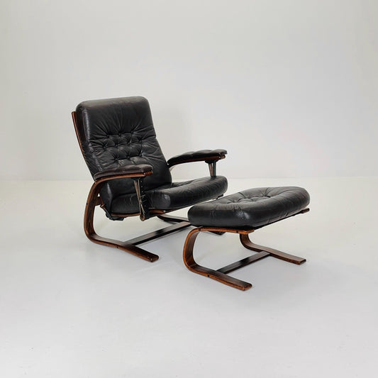 Mid-Century “Panter” Brown Leather Lounge Chair with Ottoman by Arnt Lande for Westnofa, Norway, 1970s