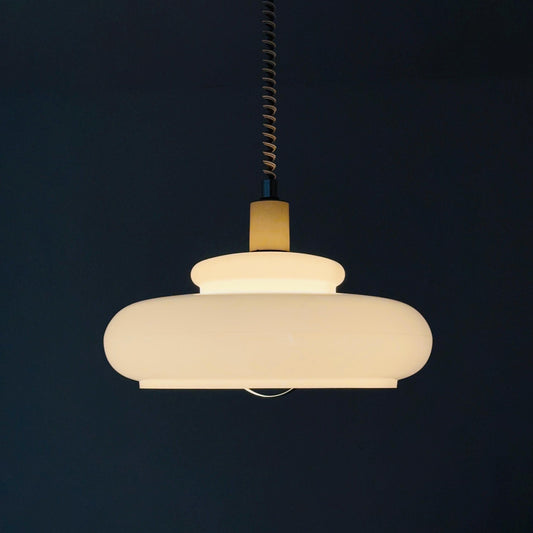 Mid Century Modern Spaceage Adjustable Pendant Light – White Plexiglass Shade , Ceiling Lamp Germany 1970s