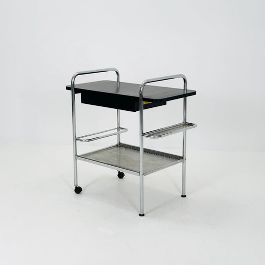 Mid Century Bauhaus Bar Cart, Tubular Chrome & Black Serving Trolley 1980s Germany