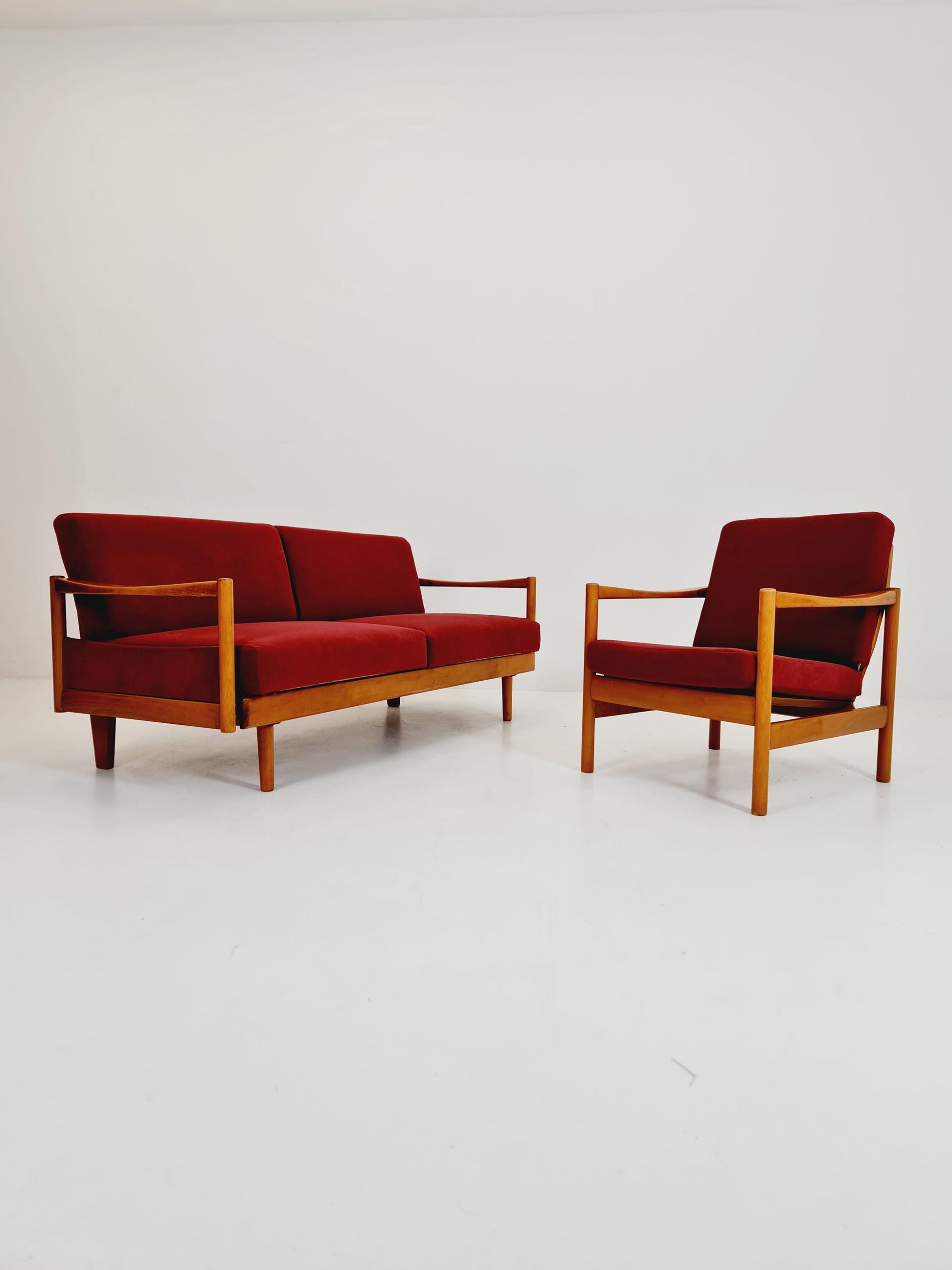Rare Midcentury Stella Sofa Ash wood Daybed By Walter knoll , set with armchair Germany, 1950s